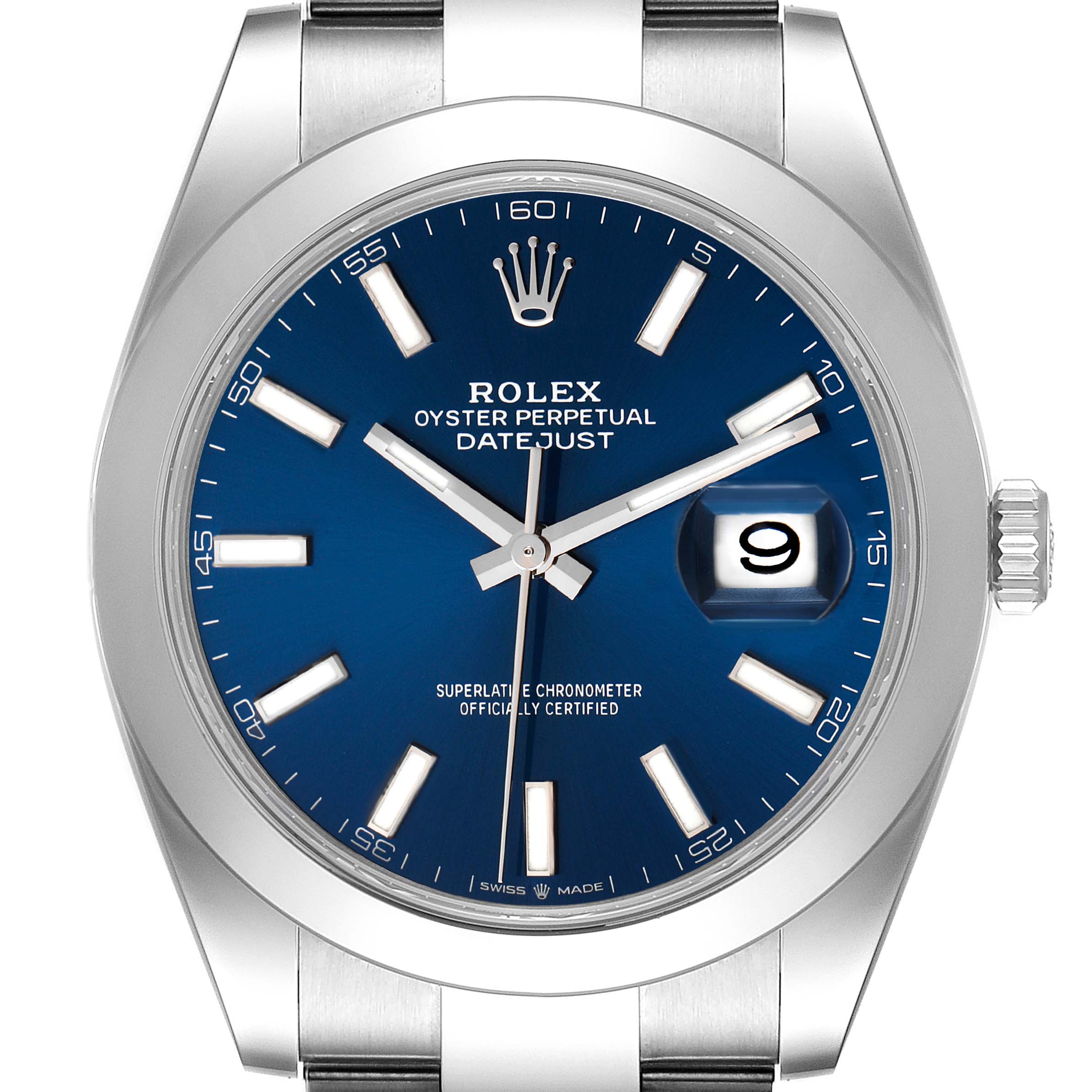 The image shows a front view of the Rolex Datejust 41 126300 Men's Stainless Steel Blue Dial 126300 Men's Stainless Steel Blue Dial model, highlighting its blue dial, date window, and stainless steel case and bracelet.