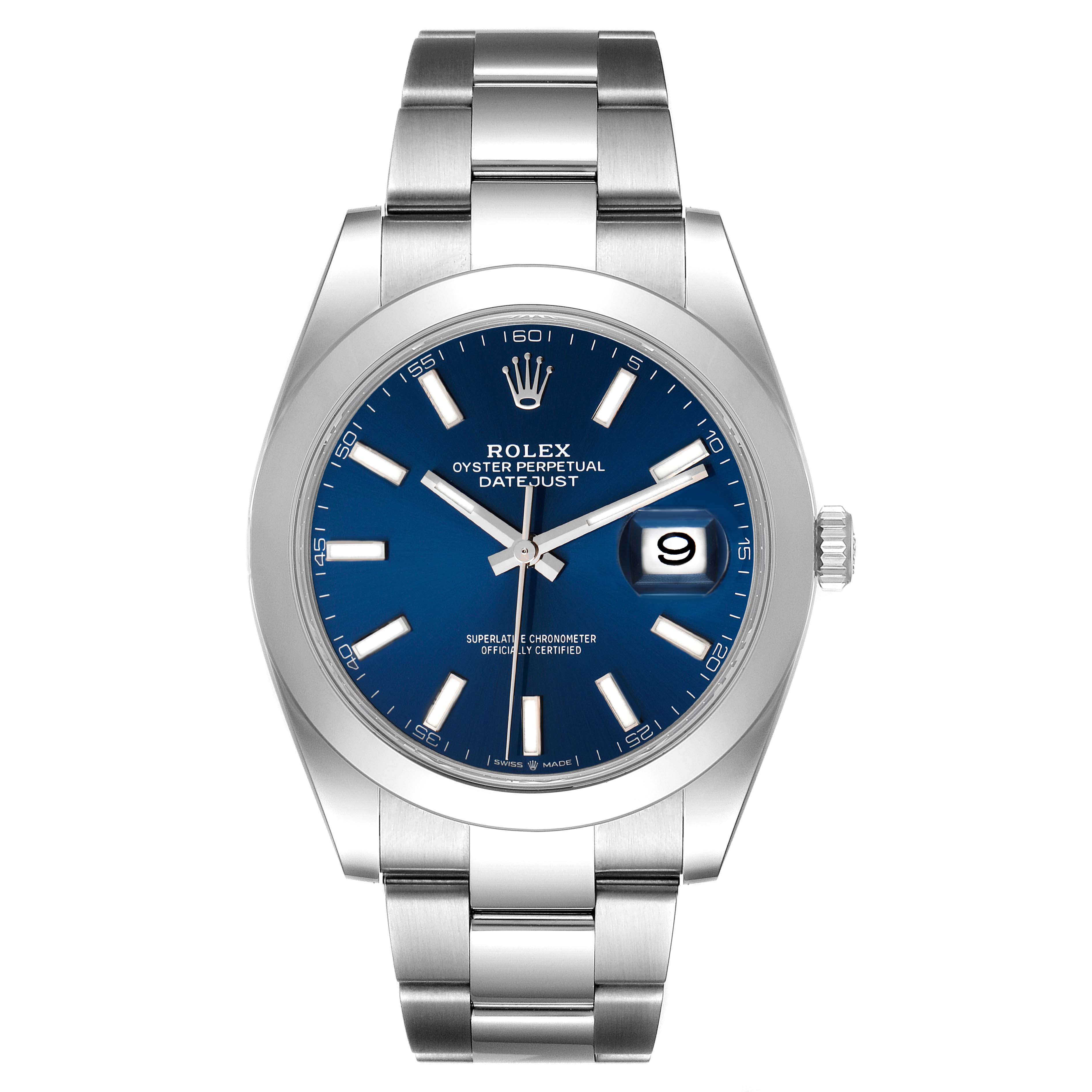 The image shows a front view of a Rolex Datejust 41 126300 Men's Stainless Steel Blue Dial 126300 Men's Stainless Steel Blue Dial watch with a blue dial and date display.