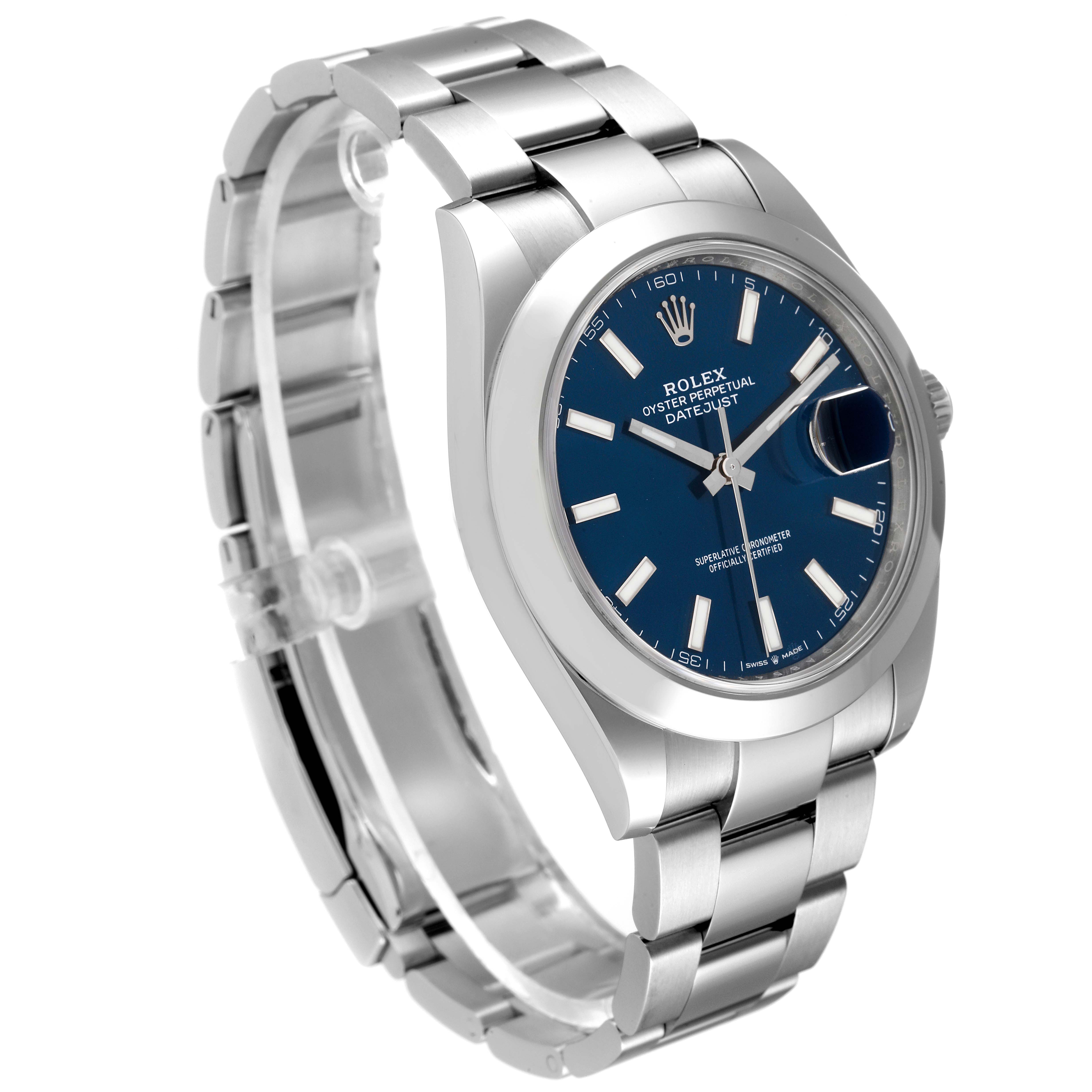 The Rolex Datejust 41 126300 Men's Stainless Steel Blue Dial 126300 Men's Stainless Steel Blue Dial watch is shown at a three-quarter angle, highlighting its blue dial, stainless steel case, and bracelet.
