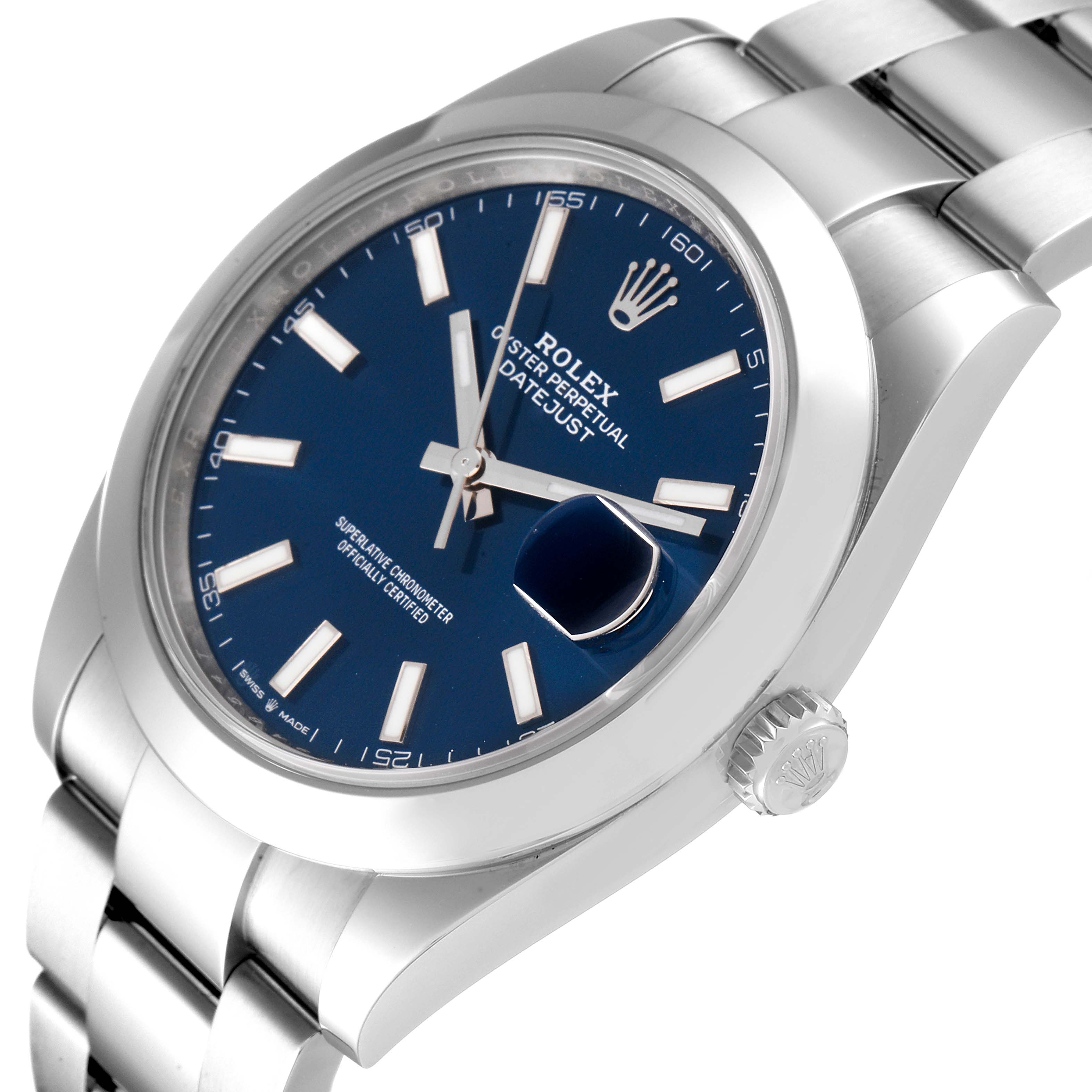 The Rolex Datejust 41 126300 Men's Stainless Steel Blue Dial 126300 Men's Stainless Steel Blue Dial model is shown at an angled close-up, highlighting the blue dial, crown, and part of the bracelet.
