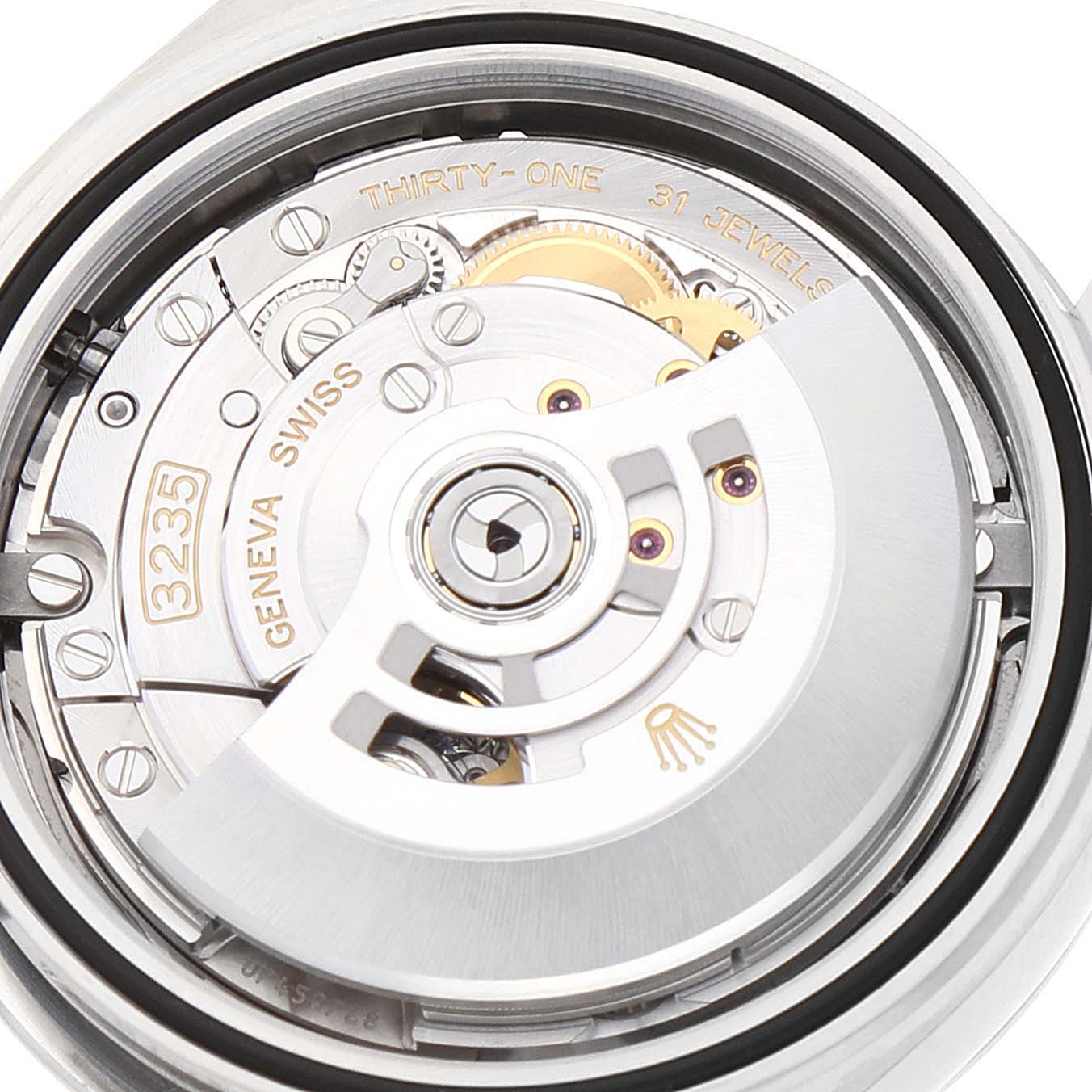 This is a close-up view of the movement mechanism in the Rolex Datejust 41 126300 Men's Stainless Steel Blue Dial 126300 Men's Stainless Steel Blue Dial model.