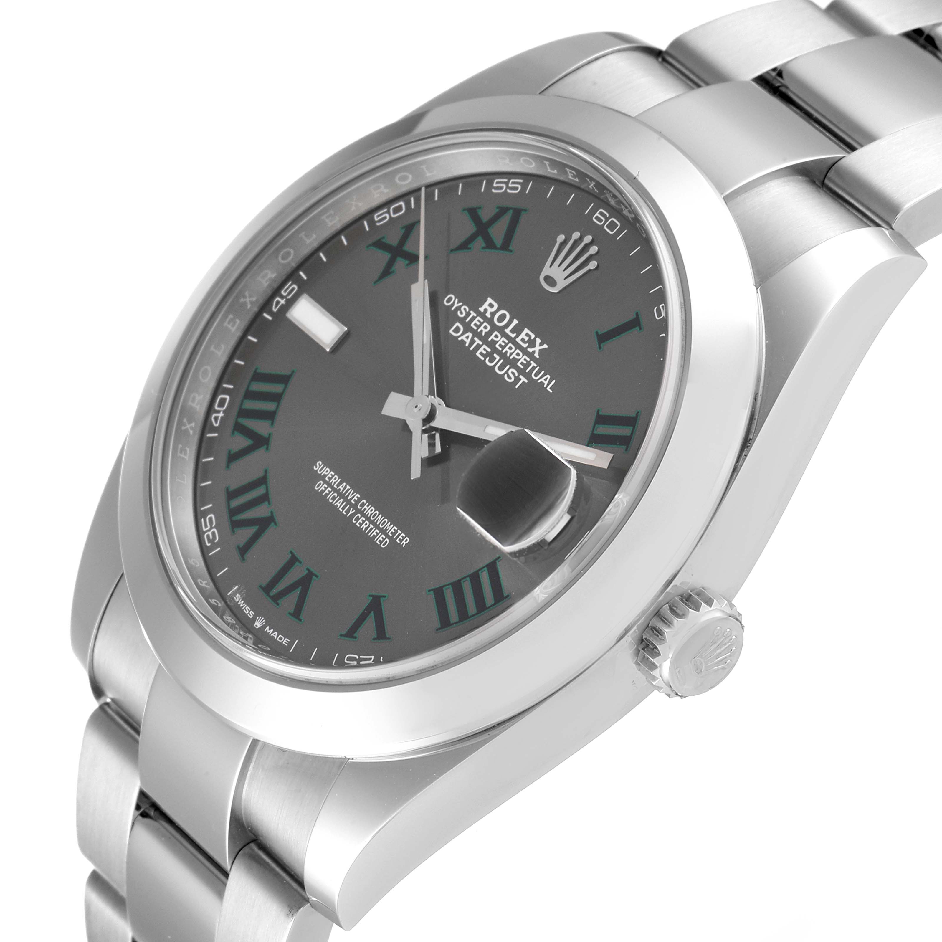 The image shows a close-up side angle of the Rolex Datejust 41 126300 Men's Stainless Steel Grey Dial 126300 Men's Stainless Steel Grey Dial watch, highlighting the dial, bezel, crown, and part of the bracelet.