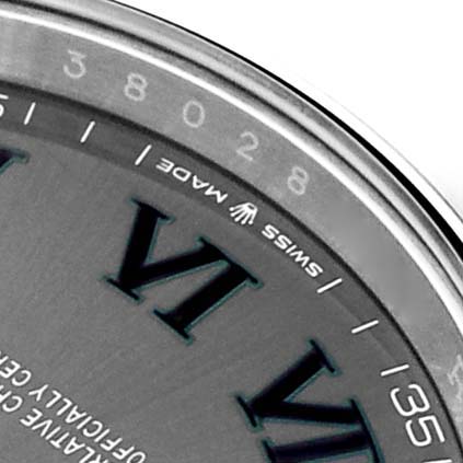This image shows a close-up angle of the dial and bezel of the Rolex Datejust 41 126300 Men's Stainless Steel Grey Dial 126300 Men's Stainless Steel Grey Dial watch featuring Roman numerals and "Swiss Made".