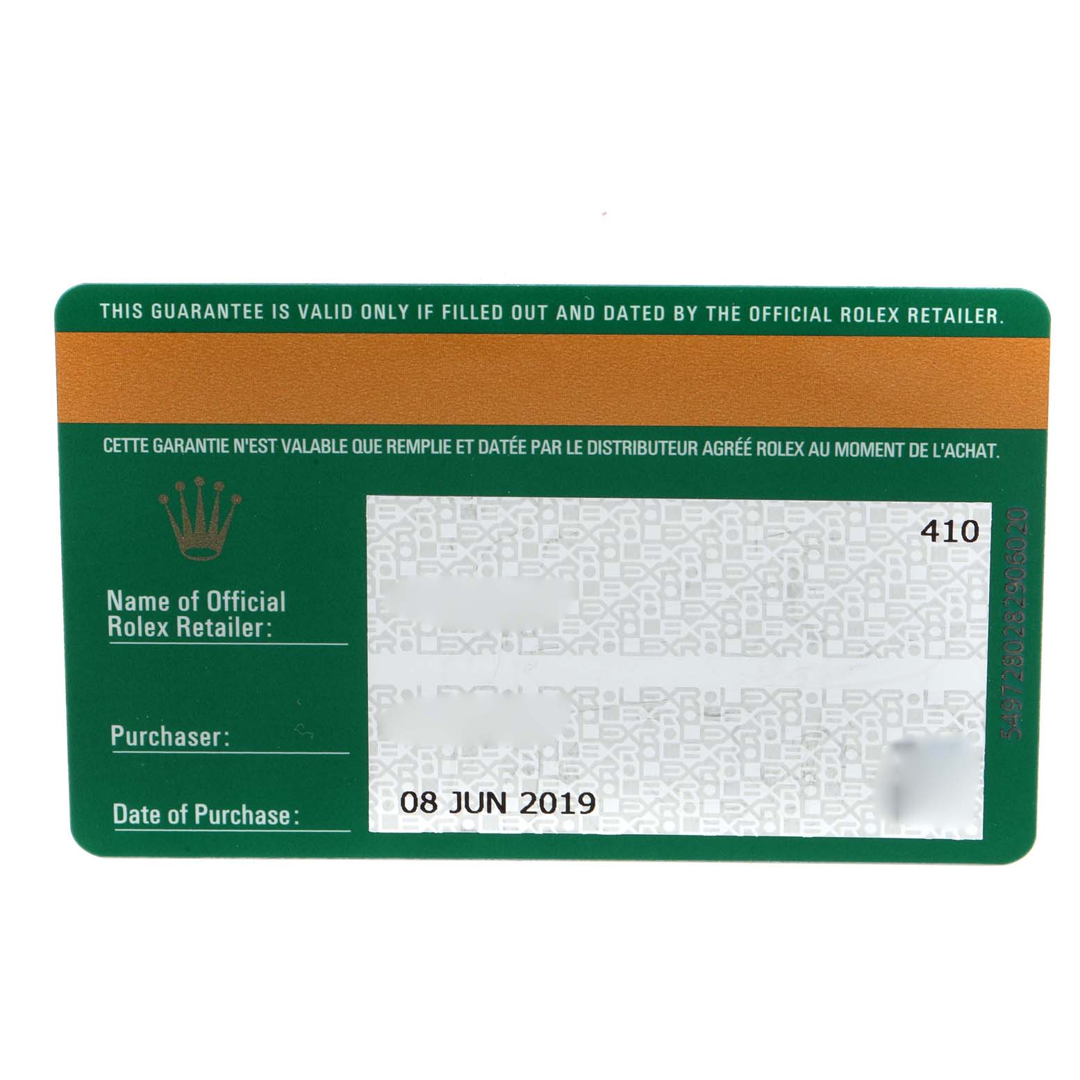 This image shows the warranty card for the Rolex Datejust 41 126300 Men's Stainless Steel Grey Dial 126300 Men's Stainless Steel Grey Dial model, including details like purchase date and retailer's name.