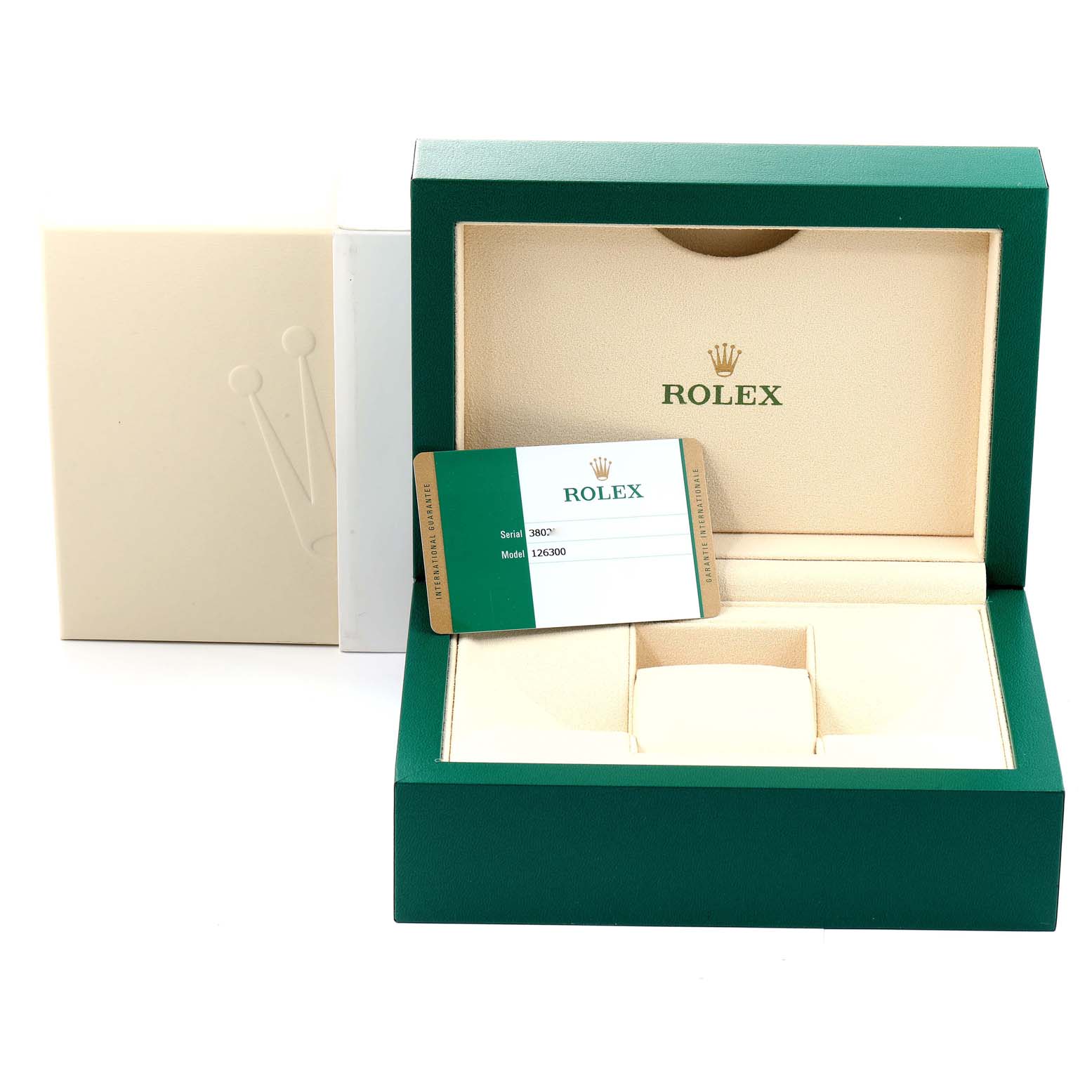 This image shows the packaging box and certificate card for the Rolex Datejust 41 126300 Men's Stainless Steel Grey Dial 126300 Men's Stainless Steel Grey Dial model.