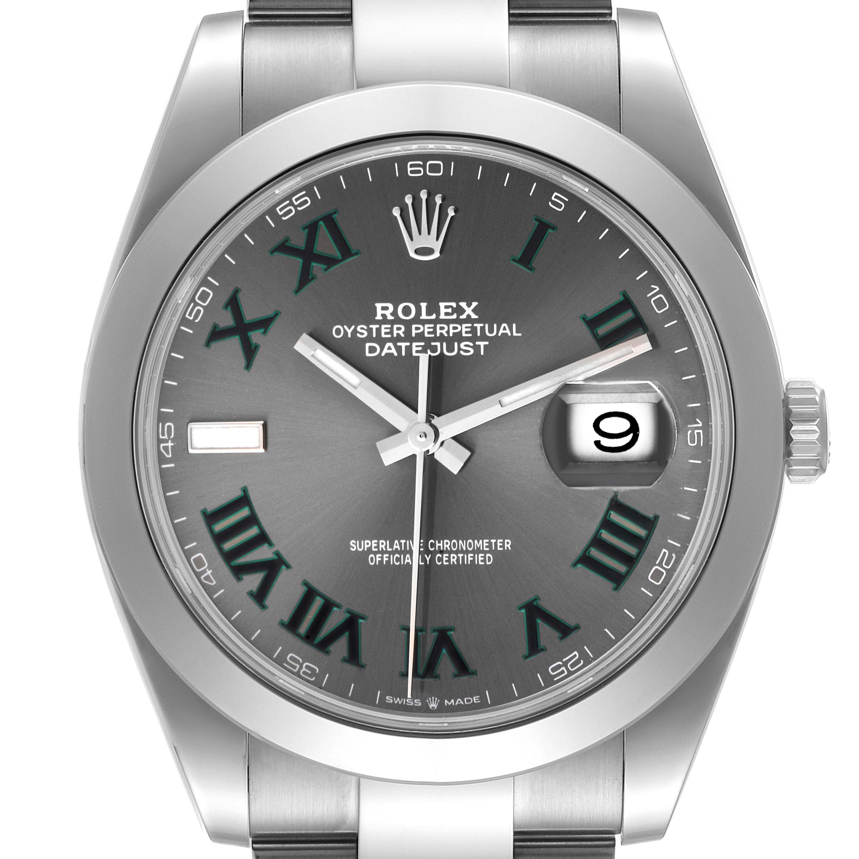 This image shows a close-up front angle of the Rolex Datejust 41 126300 Men's Stainless Steel Grey Dial 126300 Men's Stainless Steel Grey Dial watch, highlighting the face, bracelet, and the cyclops date window.