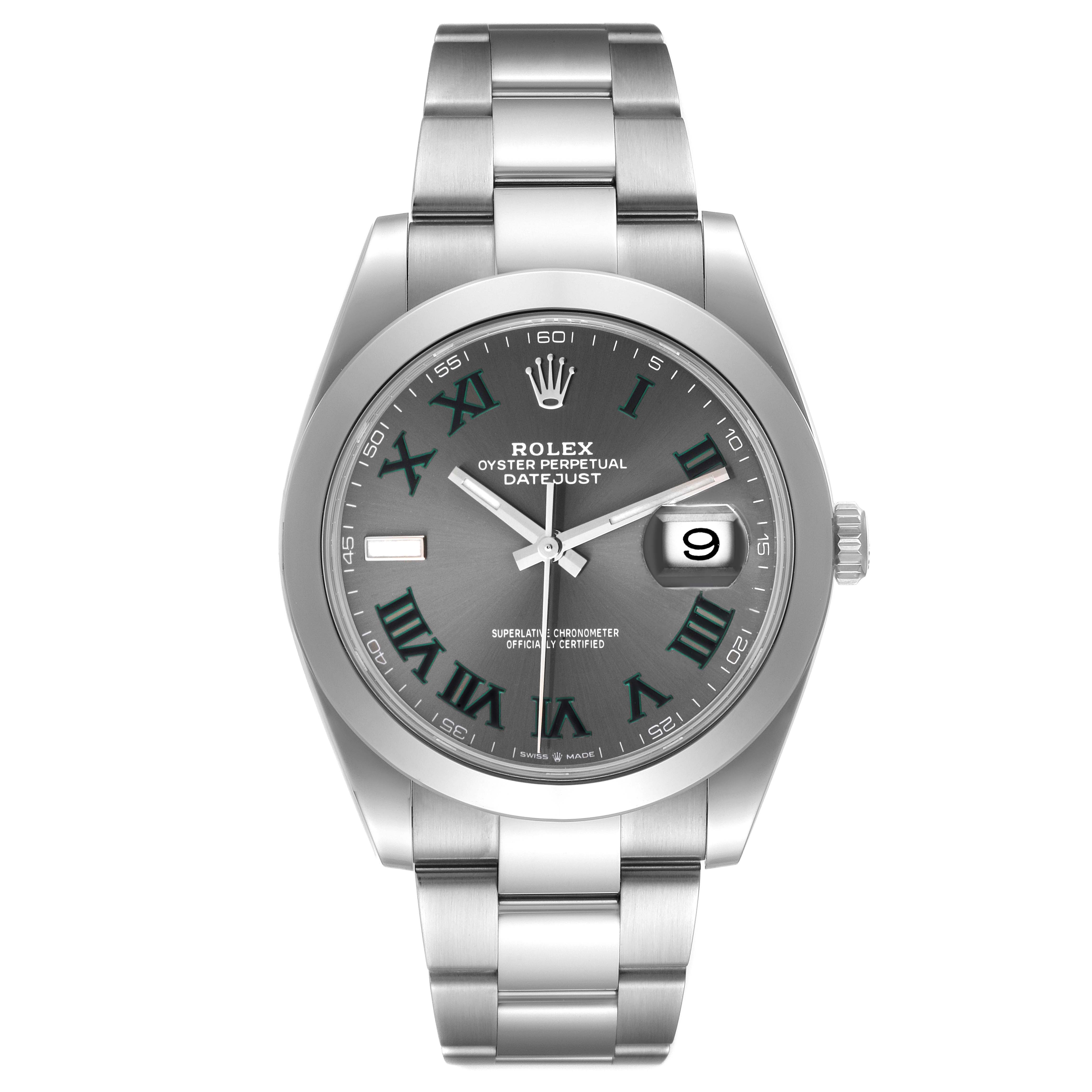 The image shows a front view of a Rolex Datejust 41 126300 Men's Stainless Steel Grey Dial 126300 Men's Stainless Steel Grey Dial watch with a gray dial and Roman numeral markers.