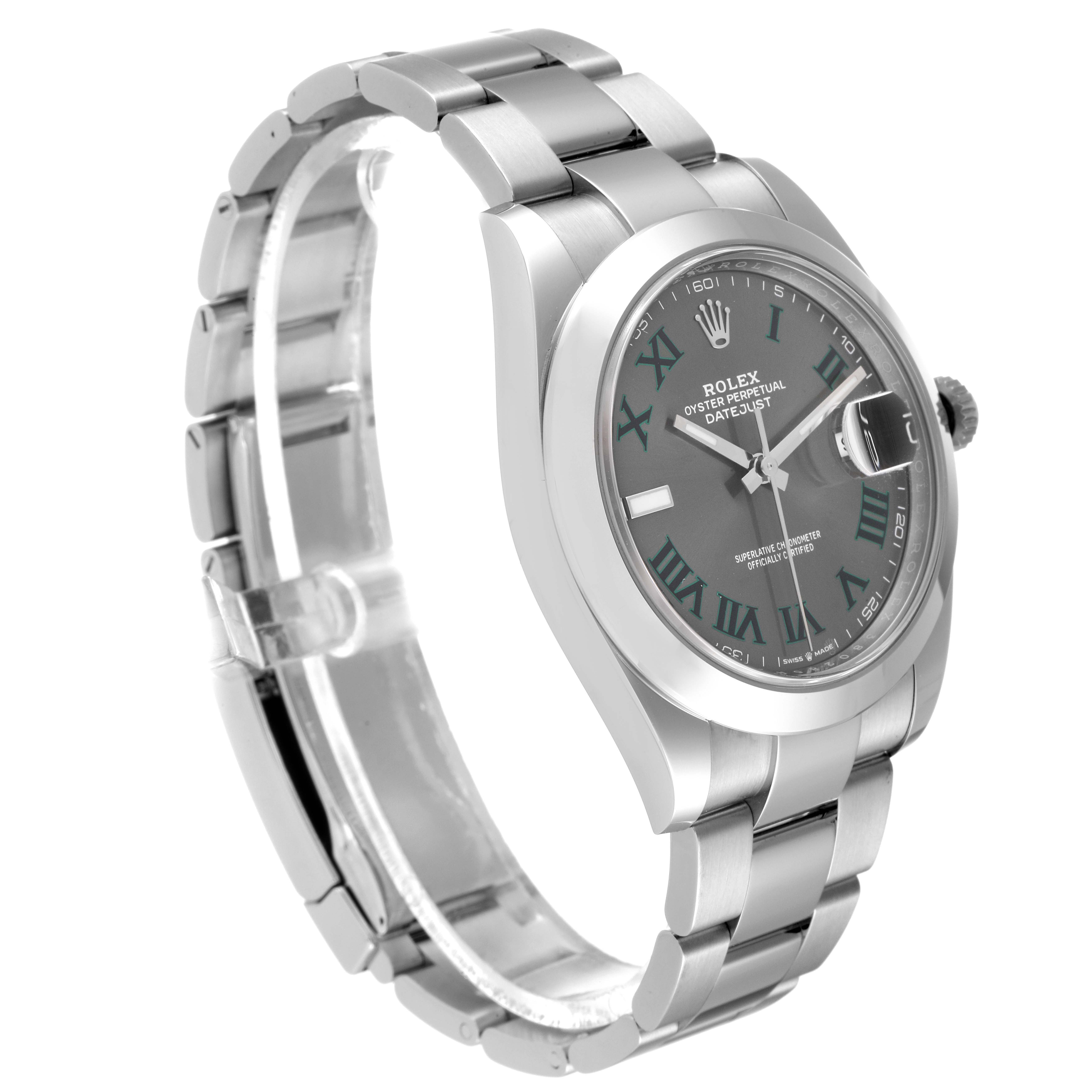 The image shows a side angle of the Rolex Datejust 41 126300 Men's Stainless Steel Grey Dial 126300 Men's Stainless Steel Grey Dial, highlighting the face, bezel, and part of the bracelet.