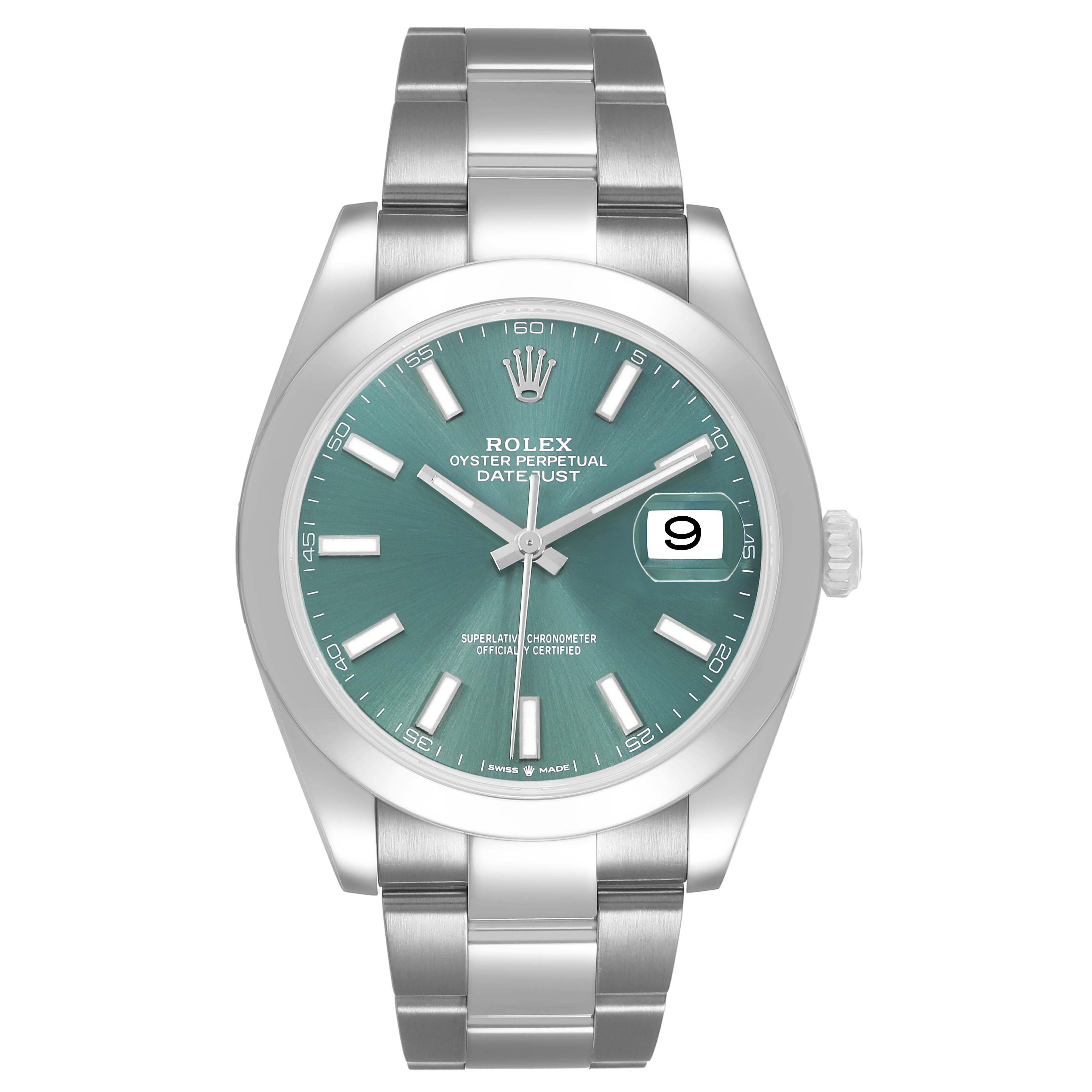 The Rolex Datejust 41 M126300-0019 Men's Stainless Steel Green Dial is shown from the front, displaying the green dial, hour markers, hands, date window, and stainless steel bracelet.