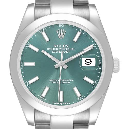 The Rolex Datejust 41 M126300-0019 Men's Stainless Steel Green Dial is shown from a front view, highlighting its dial, markers, hands, and date window.