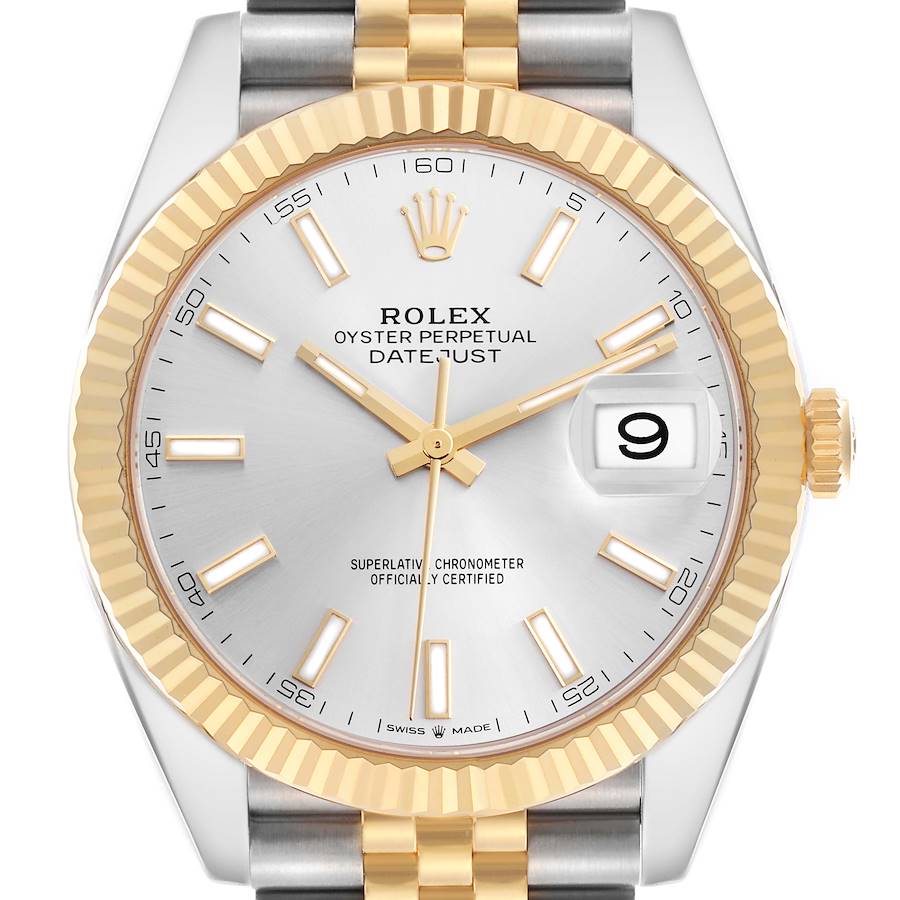 The Rolex Datejust 41 is shown from a front angle, featuring its gold fluted bezel, silver dial, and partially visible bracelet.