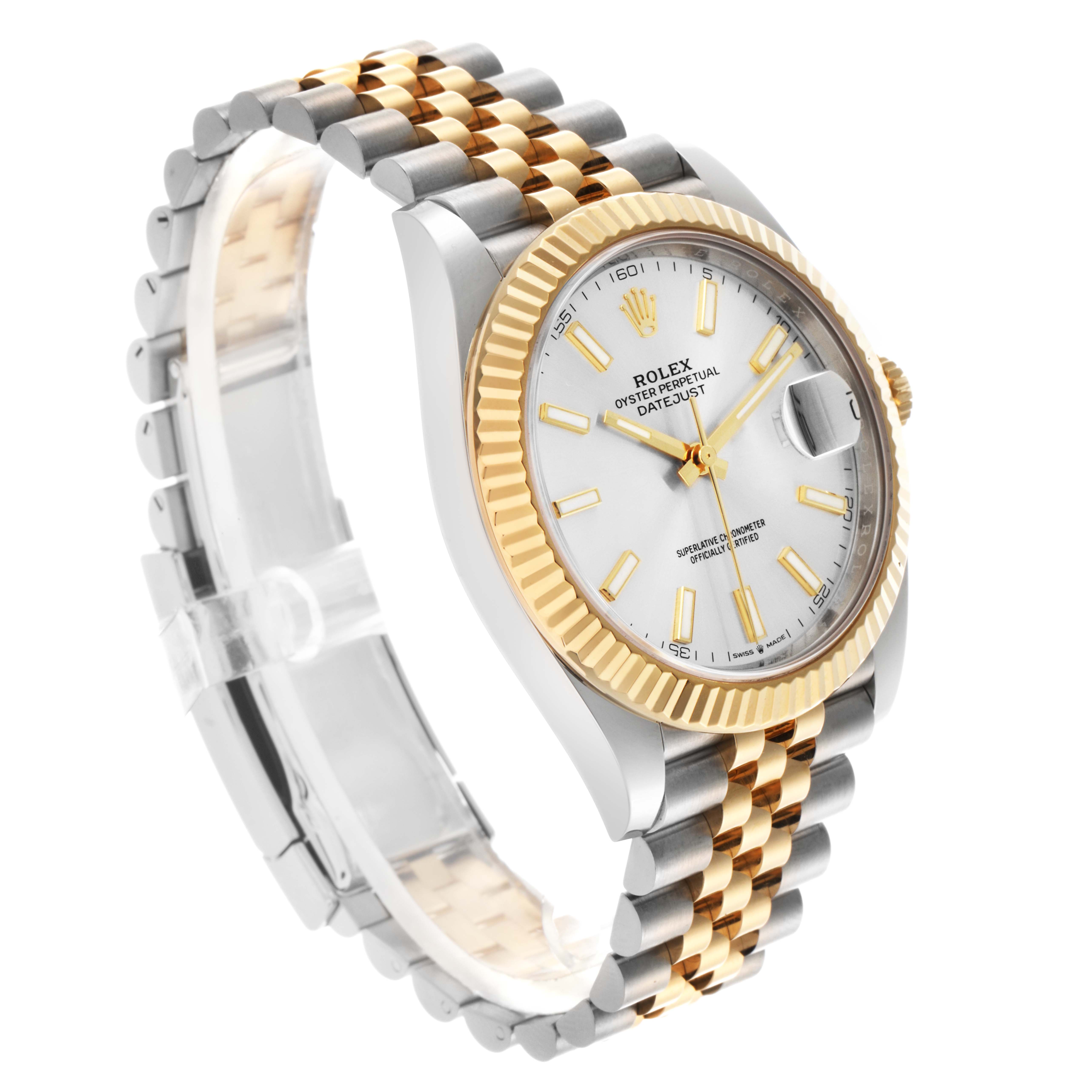 The Rolex Datejust 41 126333 Men
s Steel and Gold (two tone) Silver Dial 126333 Men
s Steel and Gold (two tone) Silver Dial is shown at a three-quarter angle, displaying the full face, fluted bezel, and two-tone Jubilee bracelet.