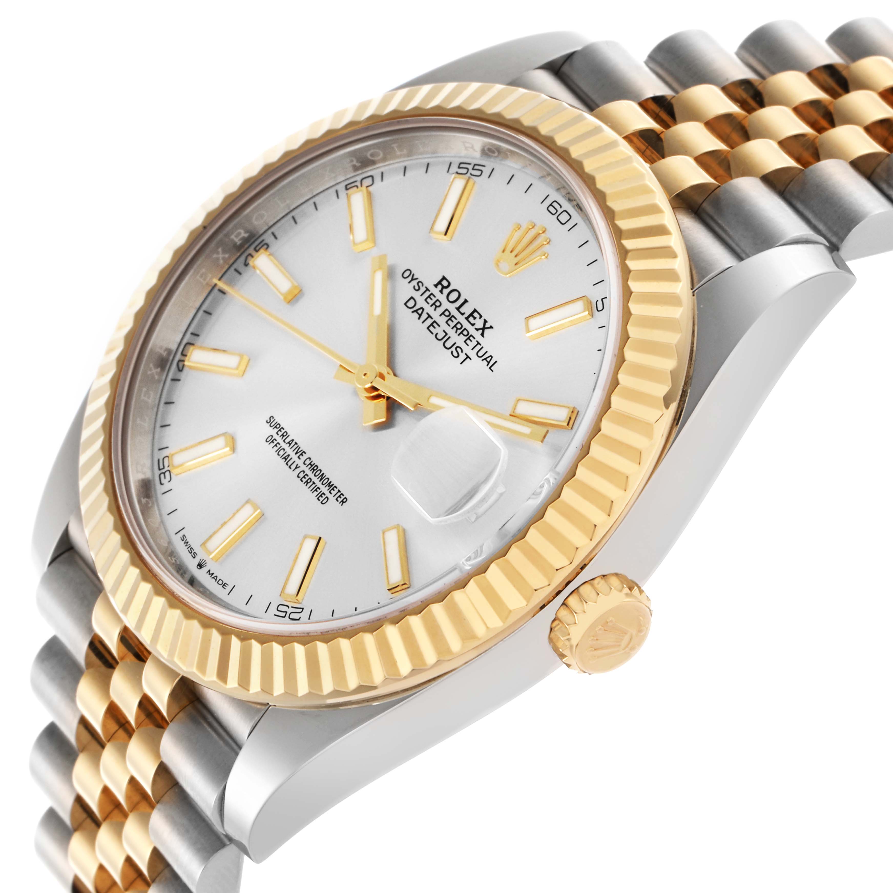 The Rolex Datejust 41 126333 Men
s Steel and Gold (two tone) Silver Dial 126333 Men
s Steel and Gold (two tone) Silver Dial is shown at an angled side view, highlighting the bezel, dial, crown, and two-tone bracelet.