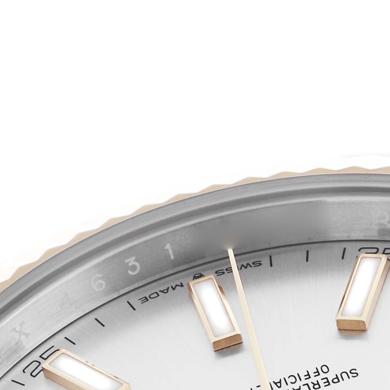 The image shows a partial view of the Rolex Datejust 41 126333 Men
s Steel and Gold (two tone) Silver Dial 126333 Men
s Steel and Gold (two tone) Silver Dial, focusing on the dial, hour markers, and part of the bezel.