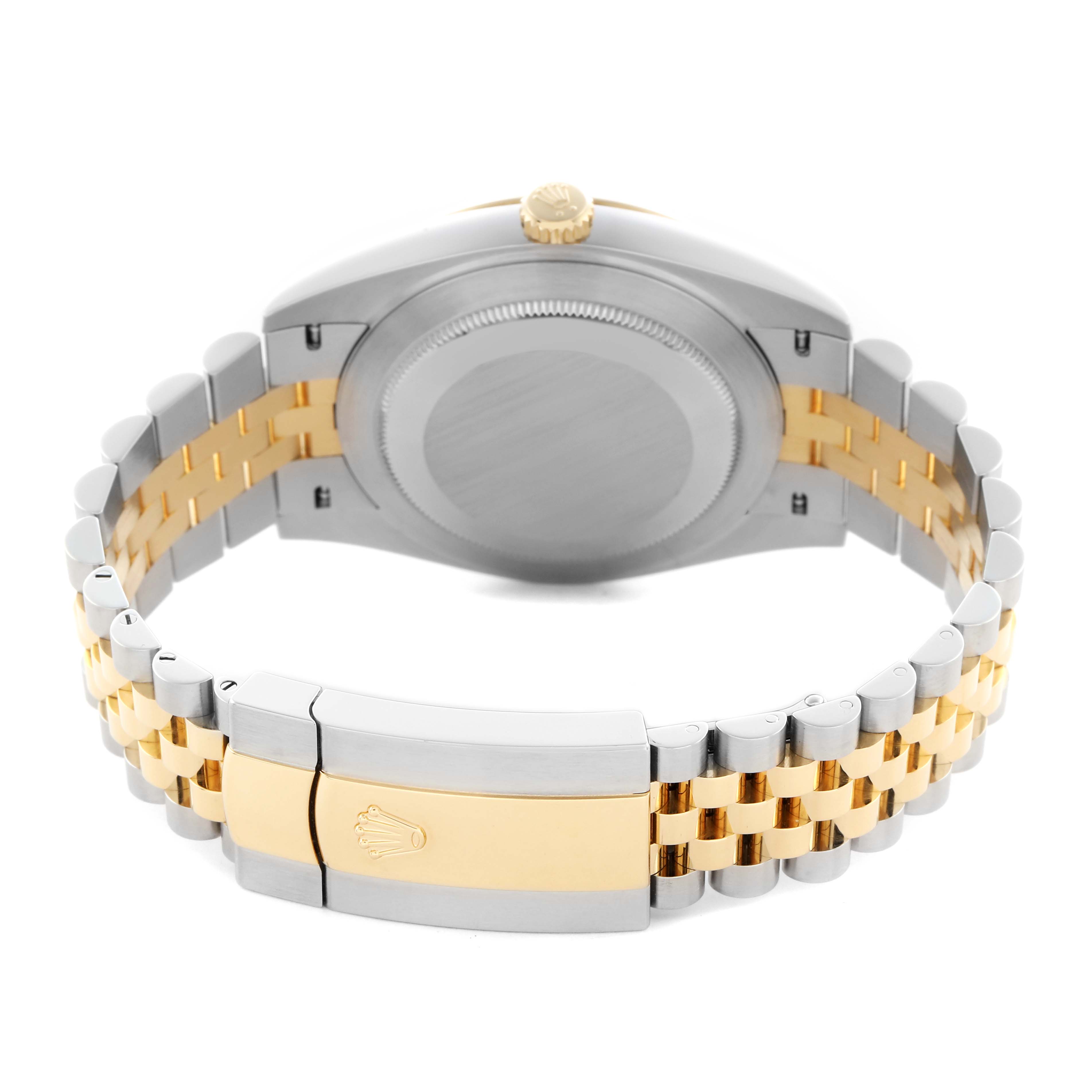 The image shows the back of the Rolex Datejust 41 126333 Men
s Steel and Gold (two tone) Silver Dial 126333 Men
s Steel and Gold (two tone) Silver Dial watch, highlighting the clasp and two-tone bracelet.