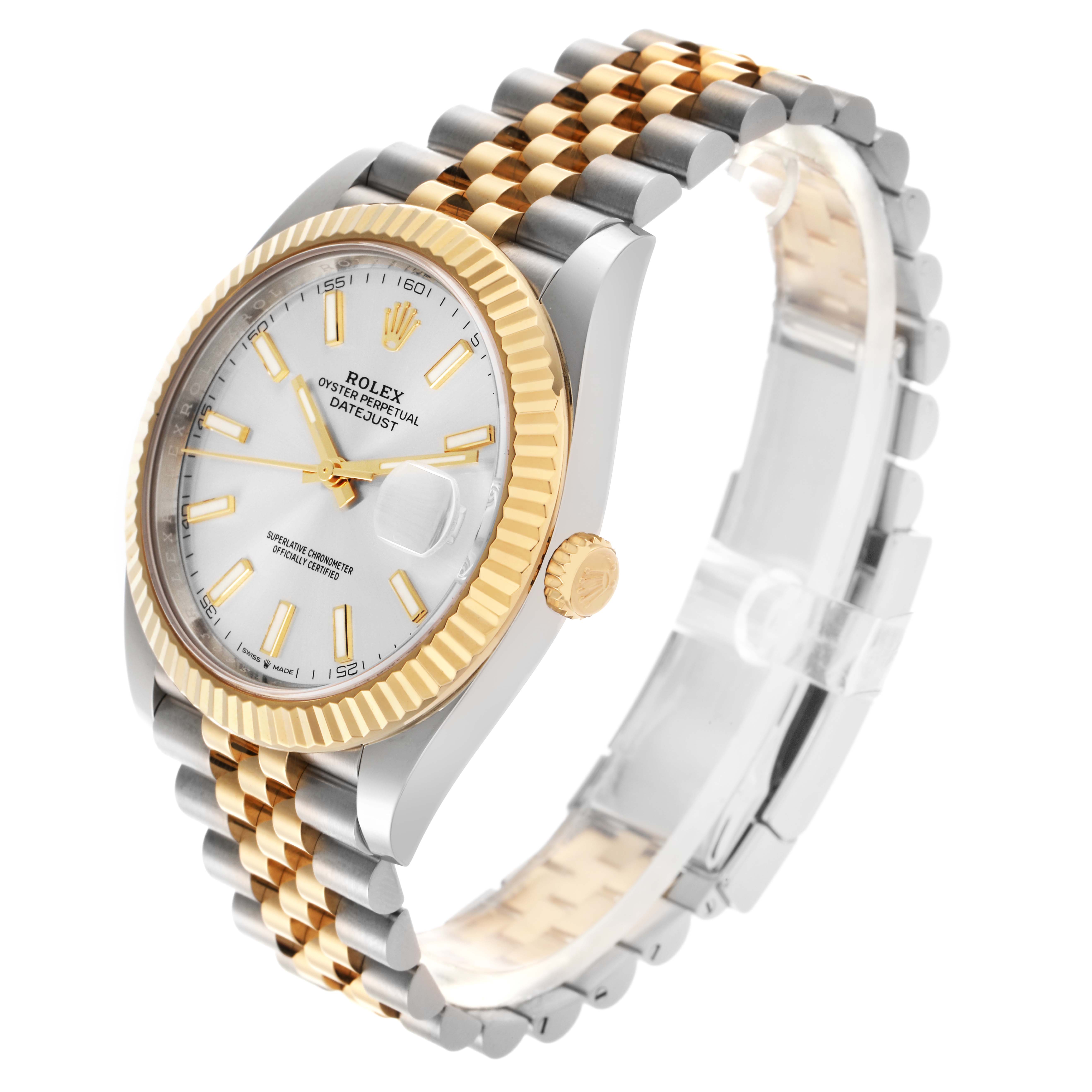 The Rolex Datejust 41 126333 Men
s Steel and Gold (two tone) Silver Dial 126333 Men
s Steel and Gold (two tone) Silver Dial is shown at a three-quarter angle, highlighting its two-tone bezel and jubilee bracelet.