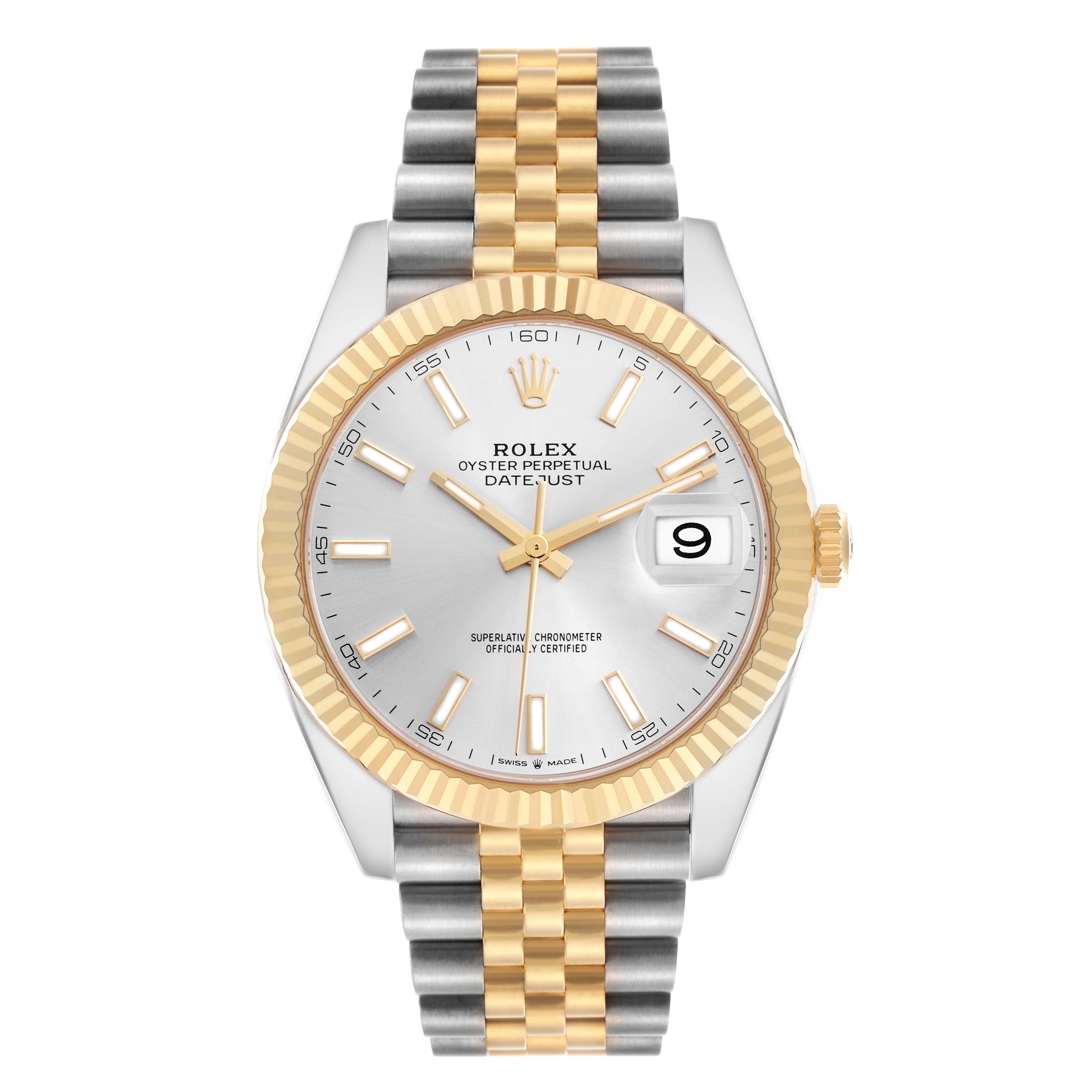 The Rolex Datejust 41 126333 Men
s Steel and Gold (two tone) Silver Dial 126333 Men
s Steel and Gold (two tone) Silver Dial is shown from a front angle, highlighting its two-tone bracelet, fluted bezel, and white dial with date window.