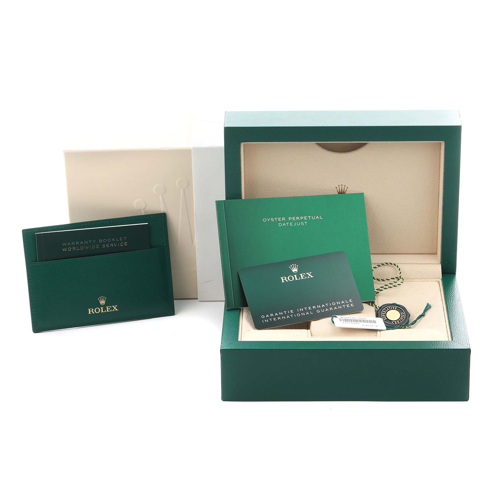 The image shows a Rolex Datejust 41 126333 Men
s Steel and Gold (two tone) Silver Dial 126333 Men
s Steel and Gold (two tone) Silver Dial packaging set, including the box, warranty cards, and manuals.