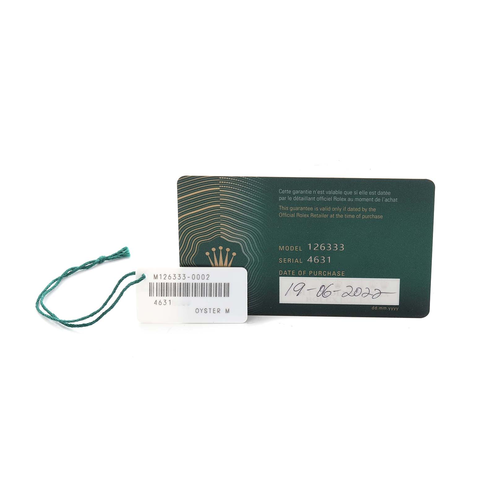 The image shows a warranty card and tag for a Rolex Datejust 41 126333 Men
s Steel and Gold (two tone) Silver Dial 126333 Men
s Steel and Gold (two tone) Silver Dial with model details and purchase date visible.
