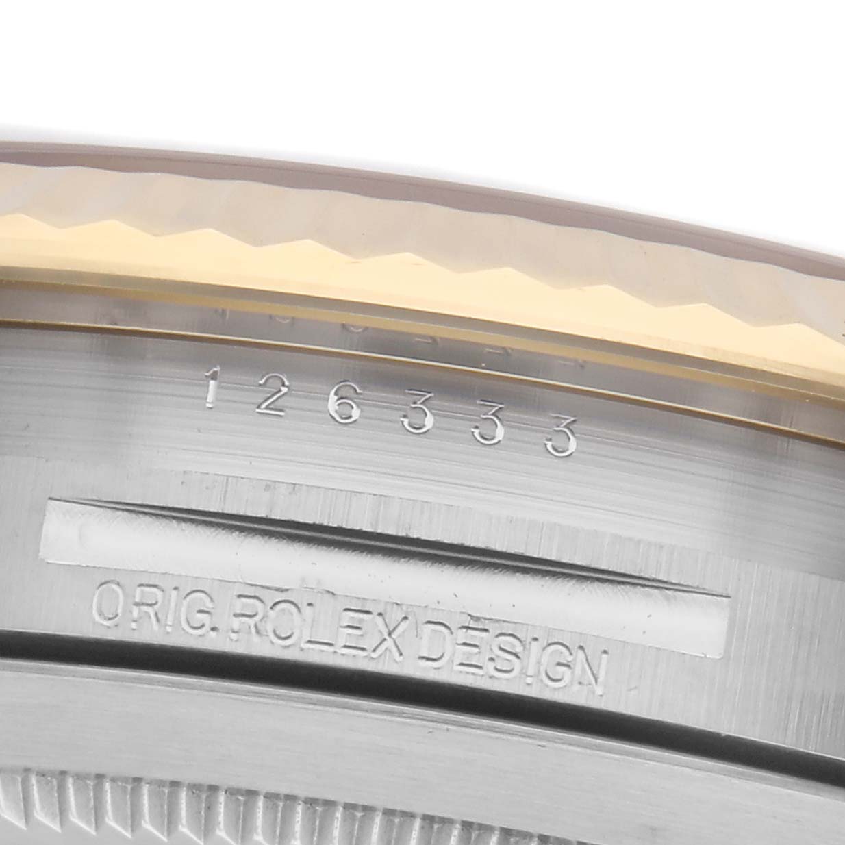 The image shows a close-up of the inner bezel with the model number and engraving for a Rolex Datejust 41 126333 Men
s Steel and Gold (two tone) Silver Dial 126333 Men
s Steel and Gold (two tone) Silver Dial.
