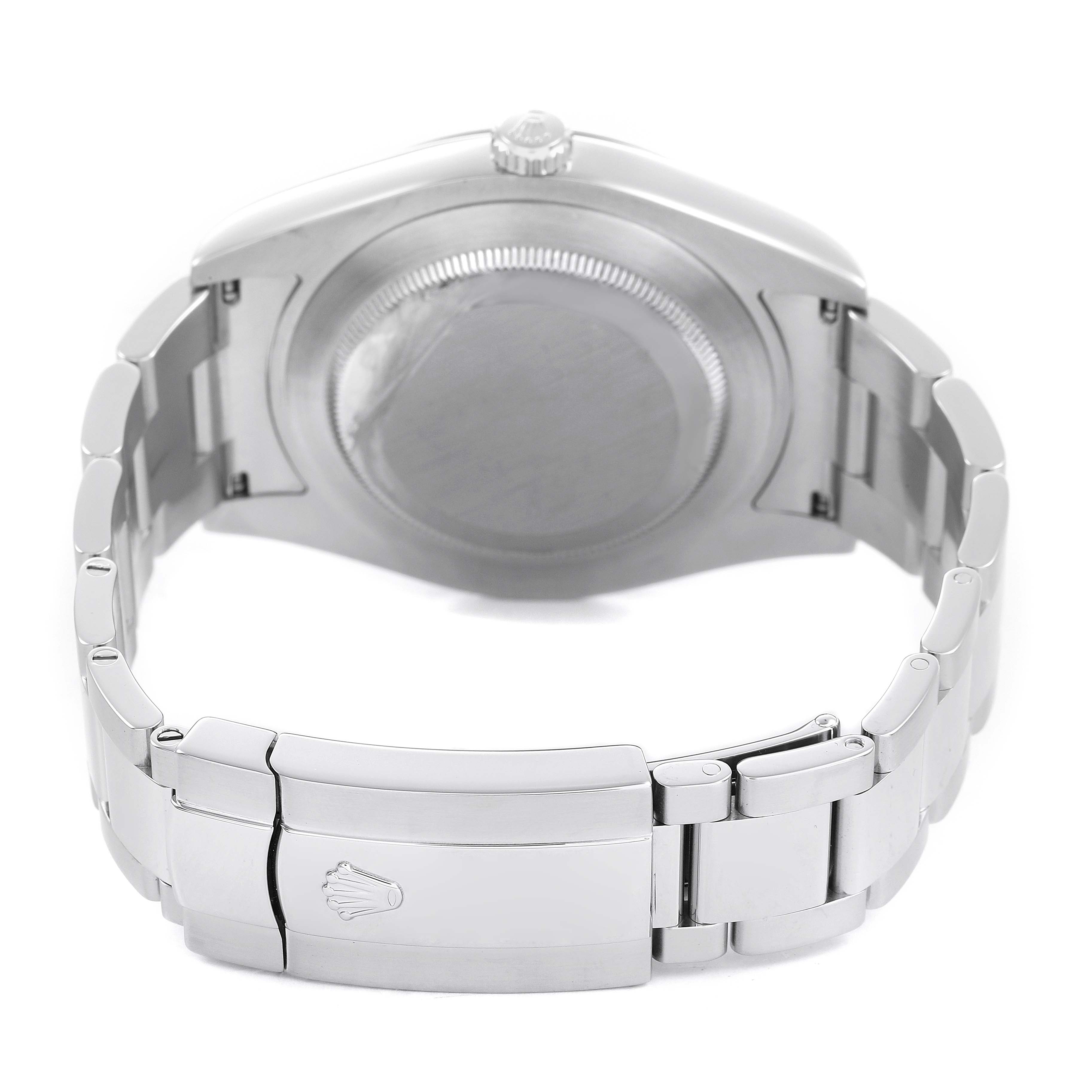 The image shows the back of the Rolex Datejust 41 116334 Men's Stainless Steel Blue Dial, highlighting the clasp and bracelet from a rear angle.