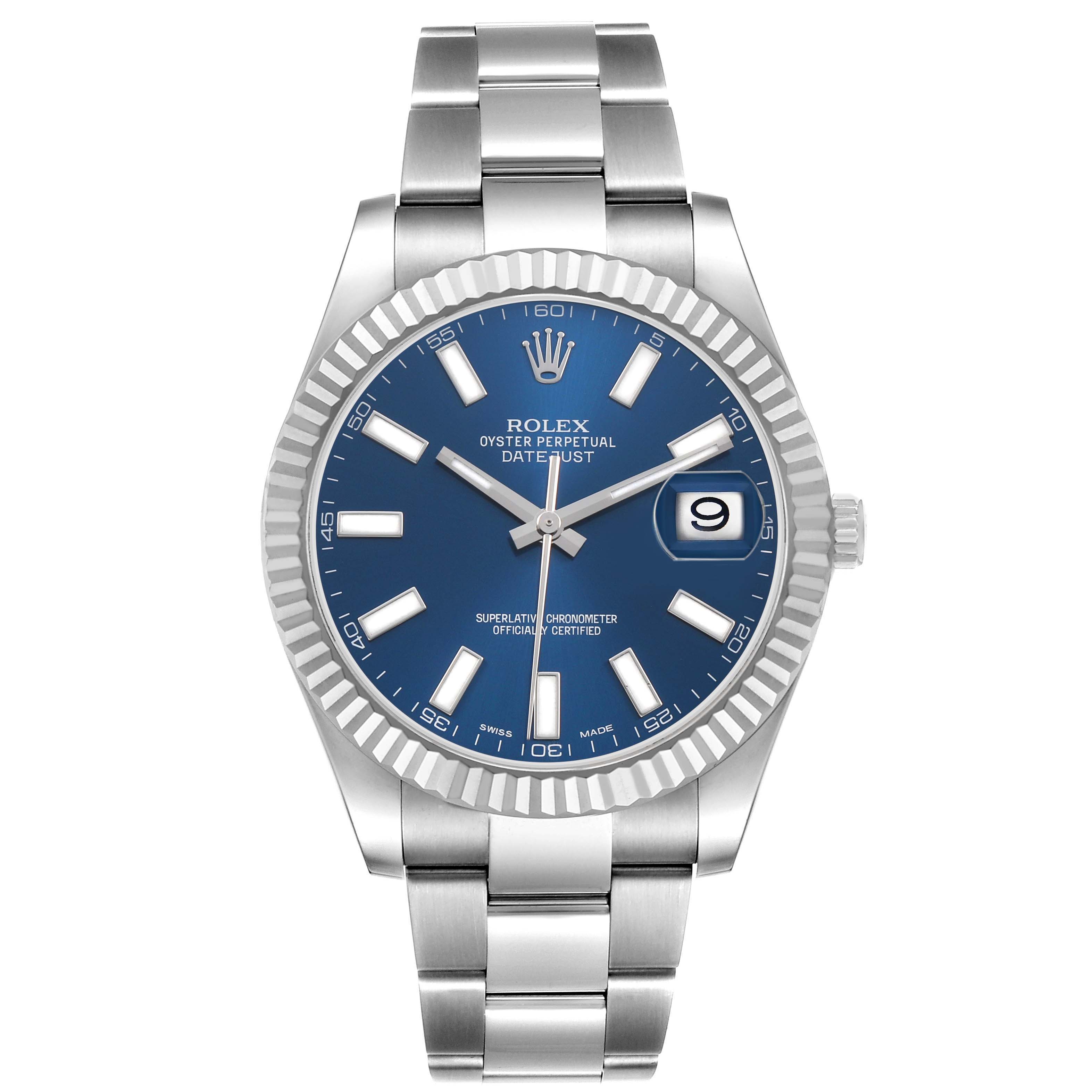 The Rolex Datejust 41 116334 Men's Stainless Steel Blue Dial is shown from a front angle, displaying the dial, bezel, bracelet, and crown.