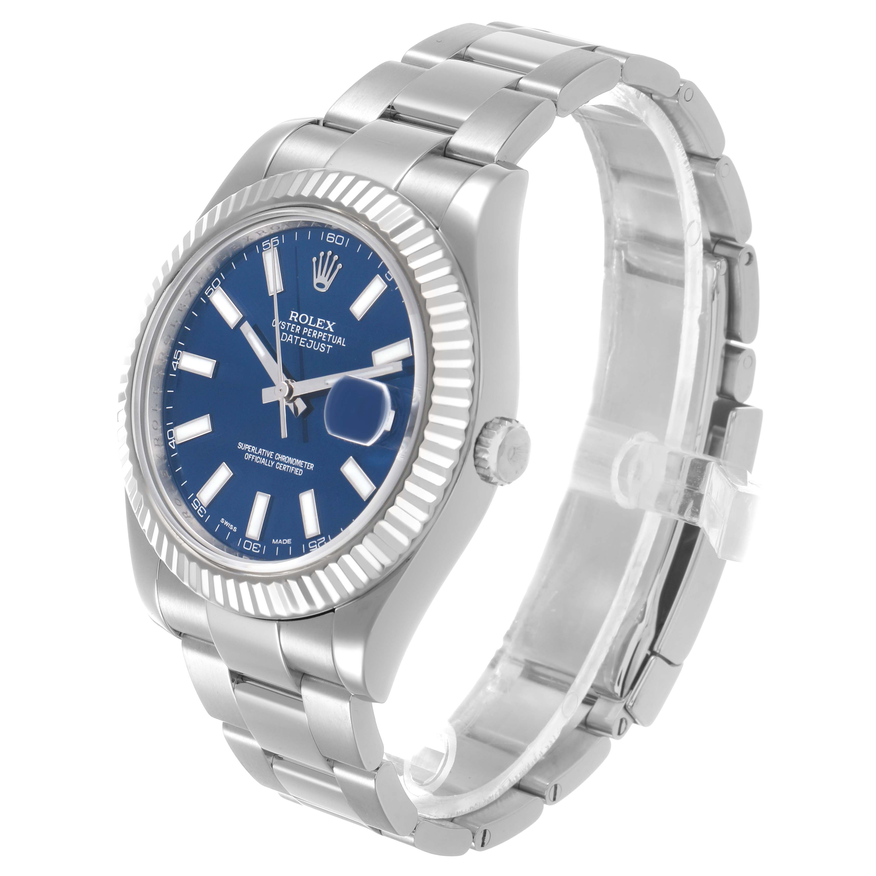 The Rolex Datejust 41 116334 Men's Stainless Steel Blue Dial is shown at a three-quarter angle, displaying the blue dial, fluted bezel, and Oyster bracelet.