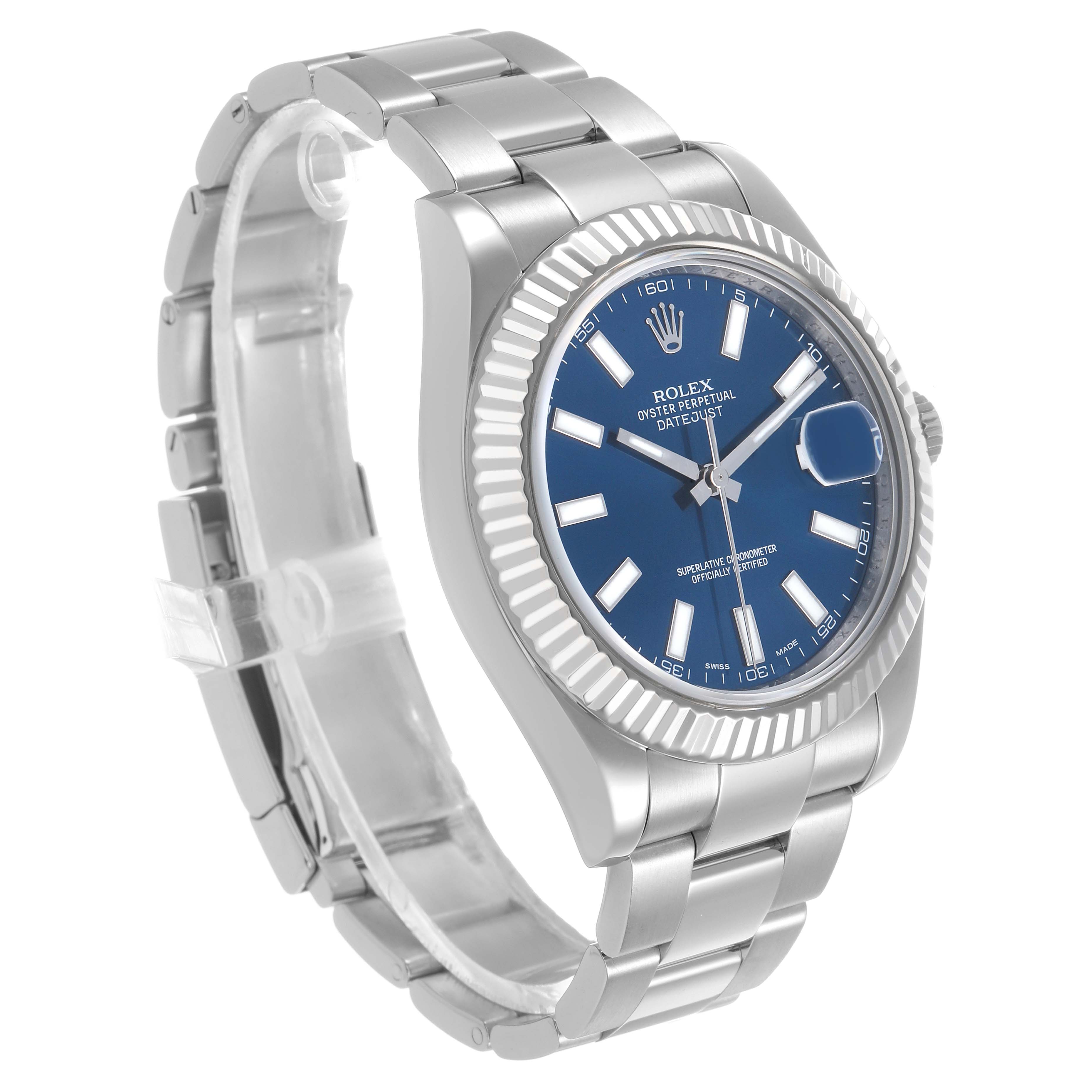 The Rolex Datejust 41 116334 Men's Stainless Steel Blue Dial watch is shown at an angled side view, highlighting the blue dial, fluted bezel, and bracelet.