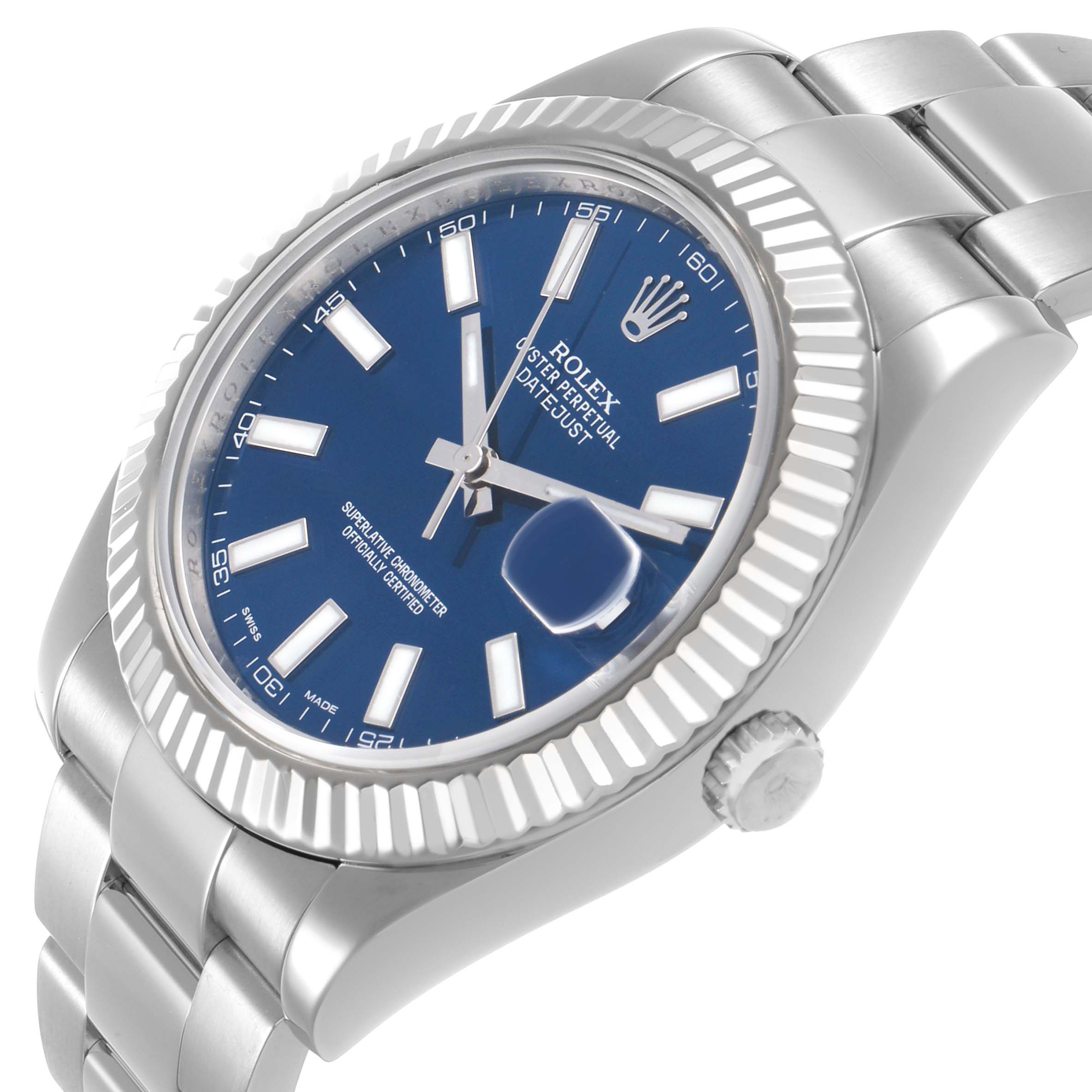 This image shows the Rolex Datejust 41 116334 Men's Stainless Steel Blue Dial at a three-quarter angle, highlighting its bezel, dial, crown, and part of the bracelet.