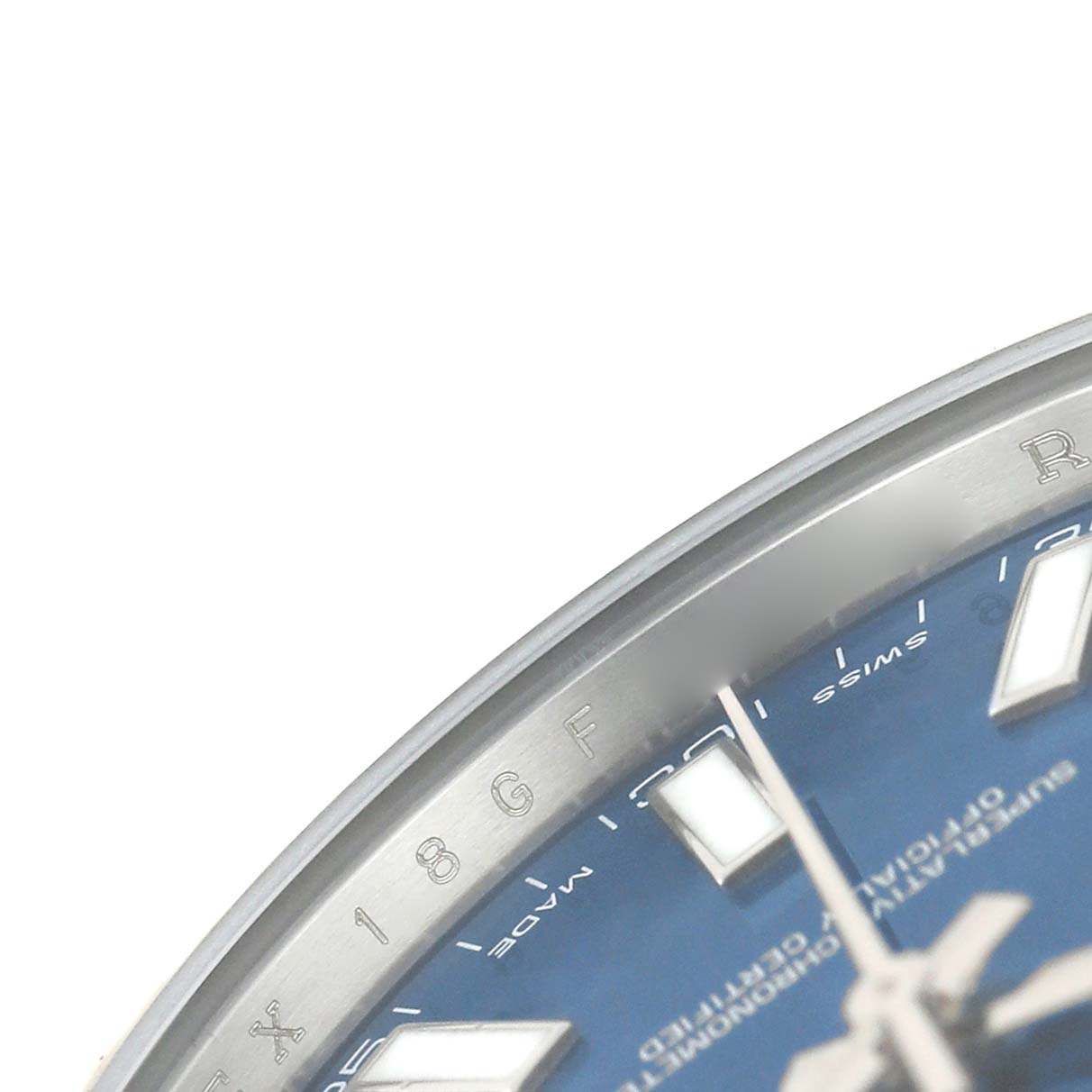 The image shows a close-up of the dial and bezel edge of the Rolex Datejust 41 116334 Men's Stainless Steel Blue Dial, focusing on the blue dial and hour markers.