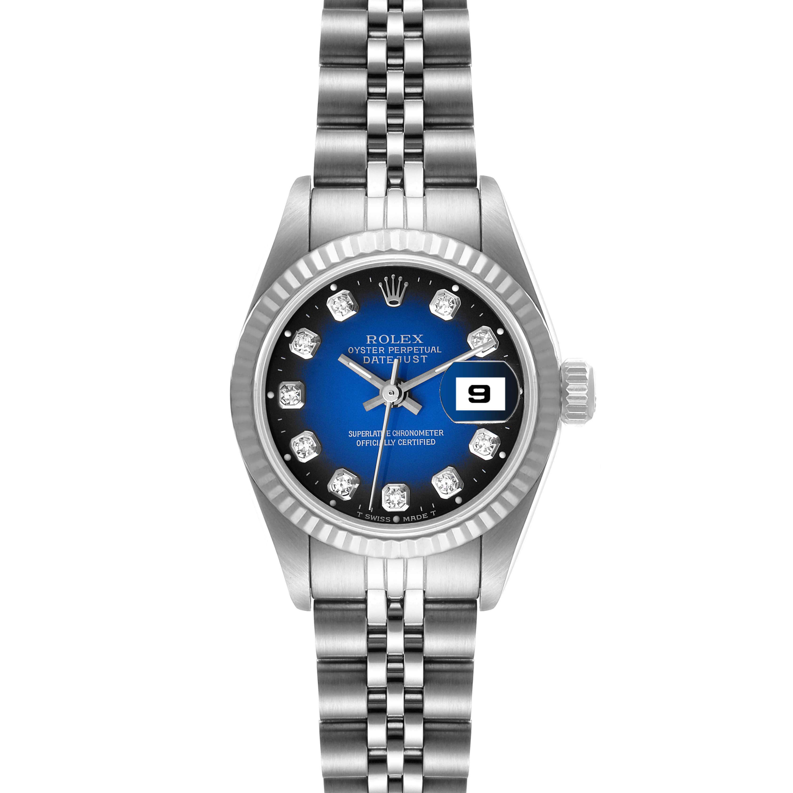 This image shows a front view of the Rolex Datejust 69174 Women
s Stainless Steel Blue Dial 69174 Women
s Stainless Steel Blue Dial watch, including its bracelet, bezel, dial, and date window.