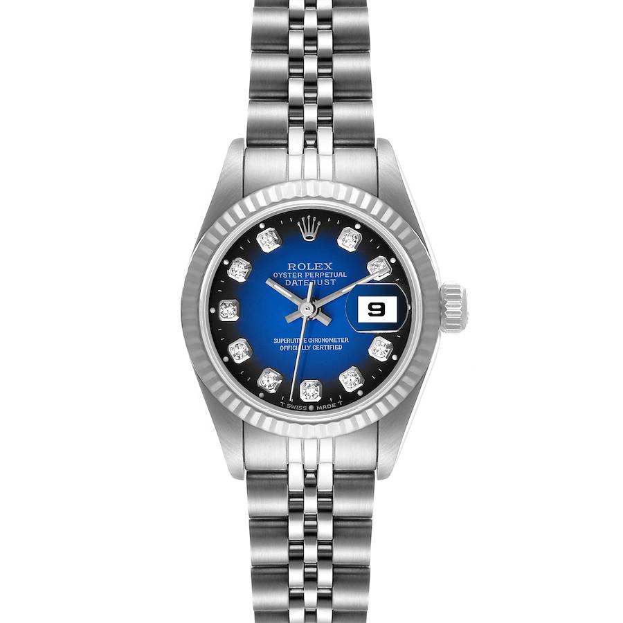 Rolex Datejust Ladies Steel 18k White Gold Blue Vignette Dial Watch 79174 SwissWatchExpo