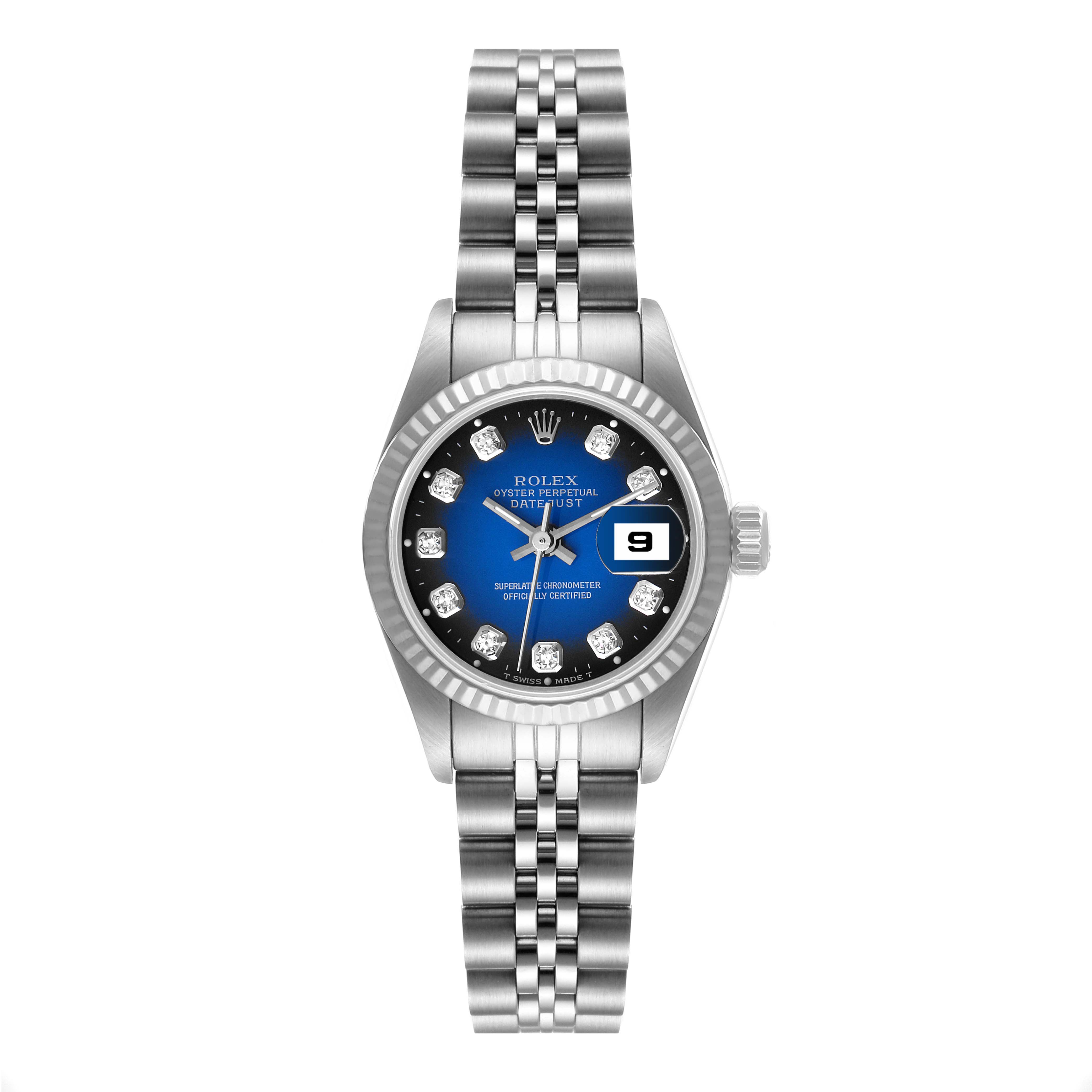 The image shows a front view of a Rolex Datejust 69174 Women
s Stainless Steel Blue Dial 69174 Women
s Stainless Steel Blue Dial watch featuring its dial, bezel, and bracelet.