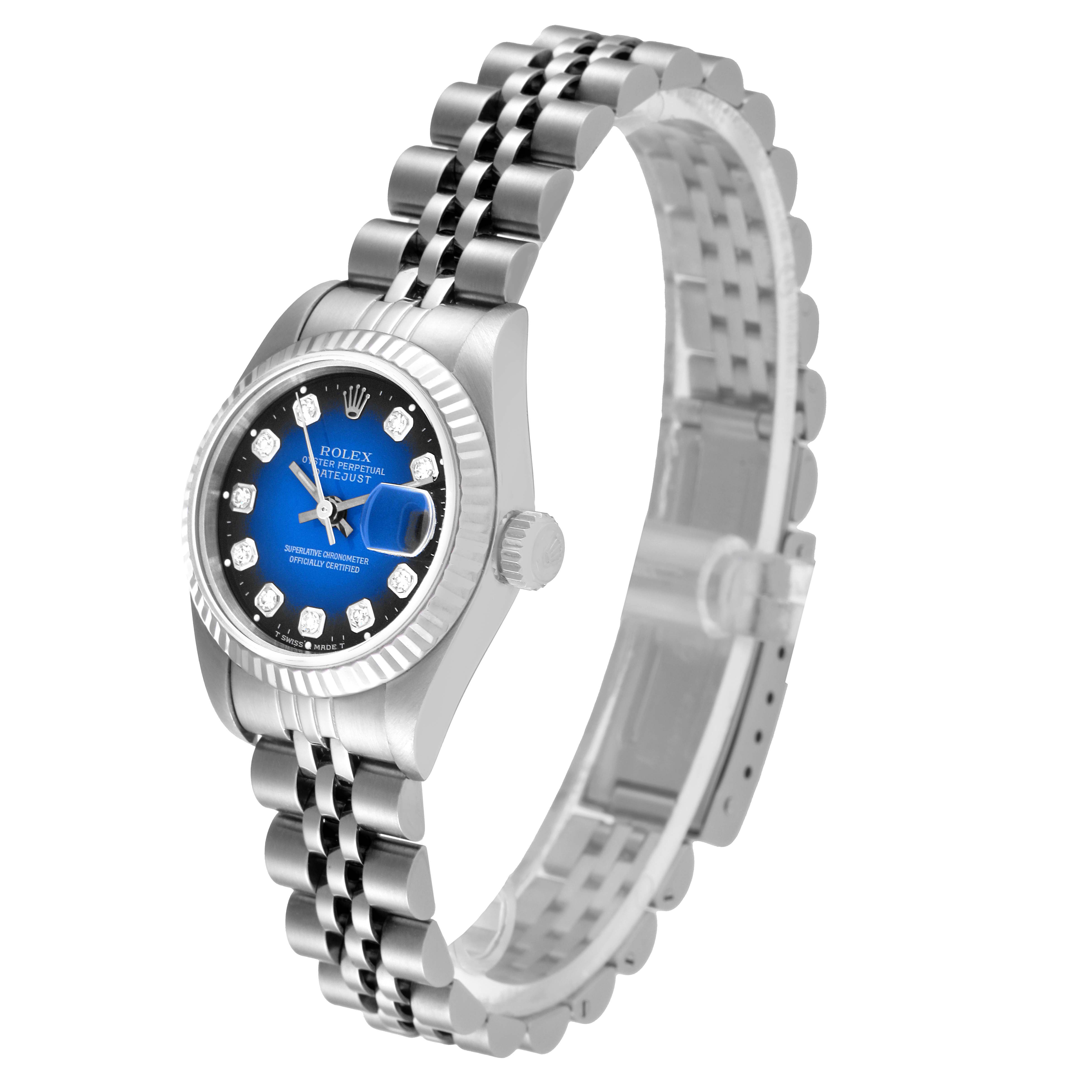 This image shows a Rolex Datejust 69174 Women
s Stainless Steel Blue Dial 69174 Women
s Stainless Steel Blue Dial watch from a three-quarter angle, highlighting the case, bracelet, and face with a blue dial.