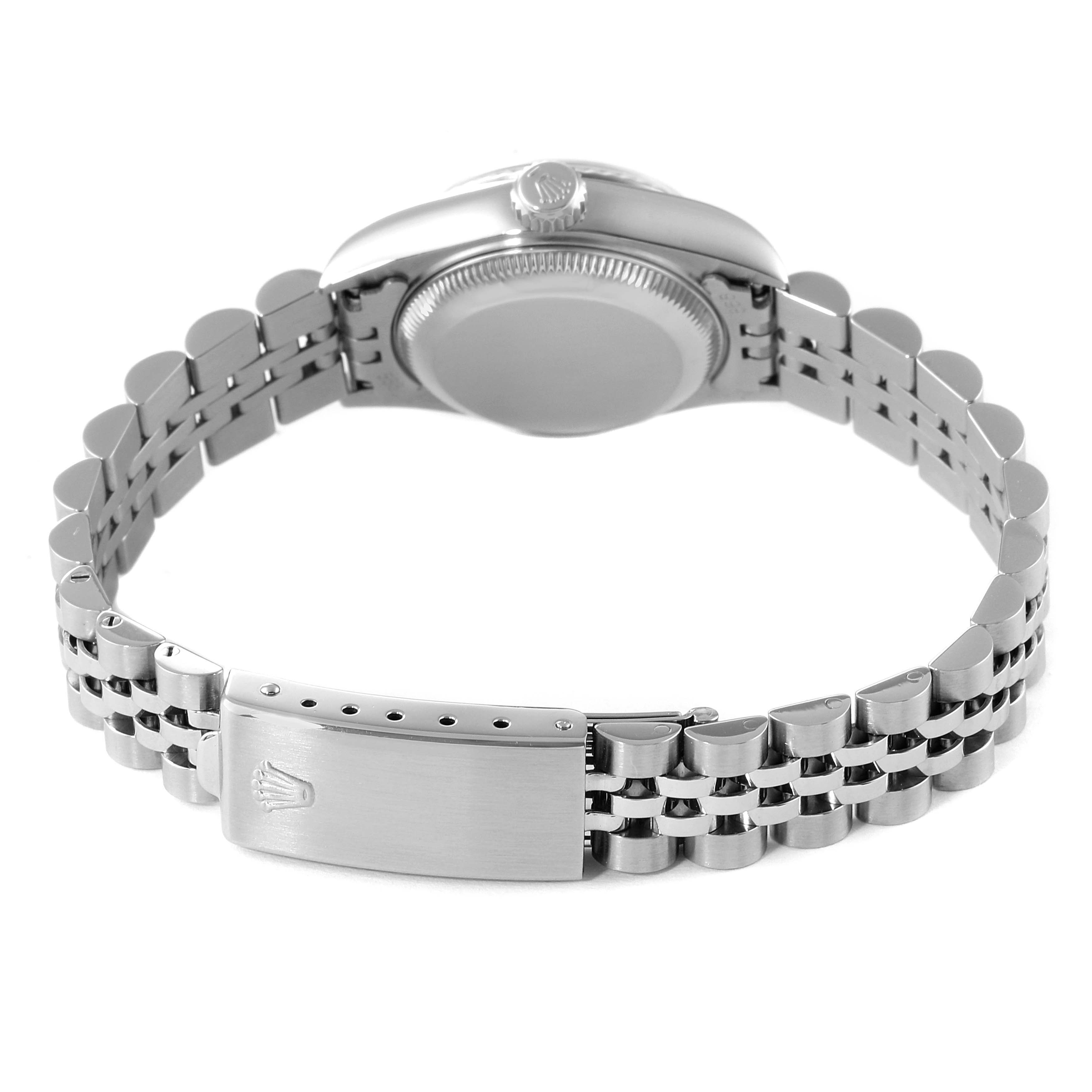 This image shows the back view of a Rolex Datejust 69174 Women
s Stainless Steel Blue Dial 69174 Women
s Stainless Steel Blue Dial watch, highlighting the case back and bracelet clasp.