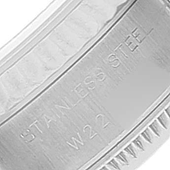 The image shows the engraved text "STAINLESS STEEL W22" on the inner clasp of a Rolex Datejust 69174 Women
s Stainless Steel Blue Dial 69174 Women
s Stainless Steel Blue Dial watch.