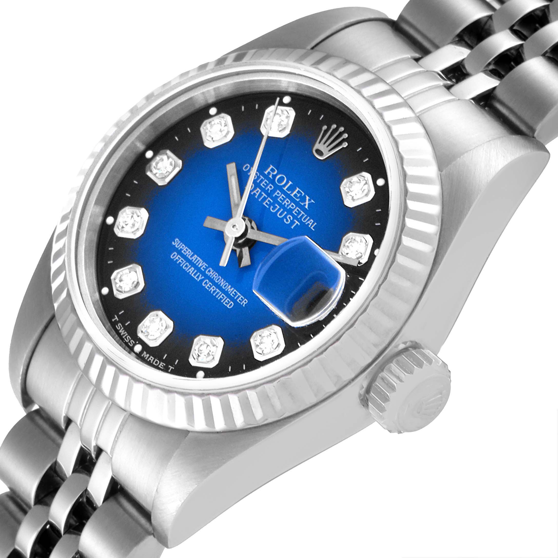 This image shows a tilted side view of a Rolex Datejust 69174 Women
s Stainless Steel Blue Dial 69174 Women
s Stainless Steel Blue Dial watch, highlighting the dial, crown, and part of the bracelet.
