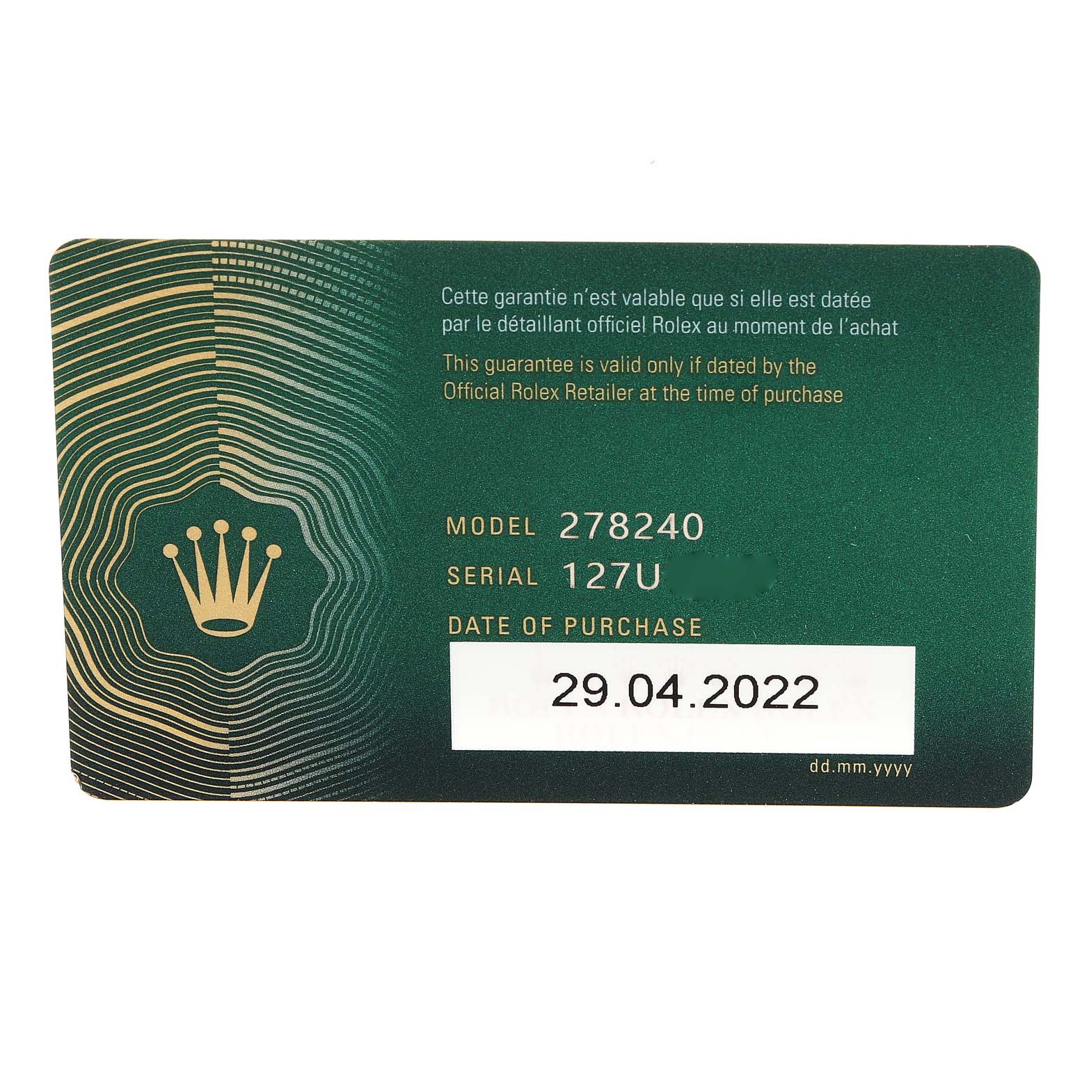 The image shows a warranty card for the Rolex Mid-Size 278240 Women's Stainless Steel White Dial 278240 Women's Stainless Steel White Dial model 278240, including the serial number and date of purchase.