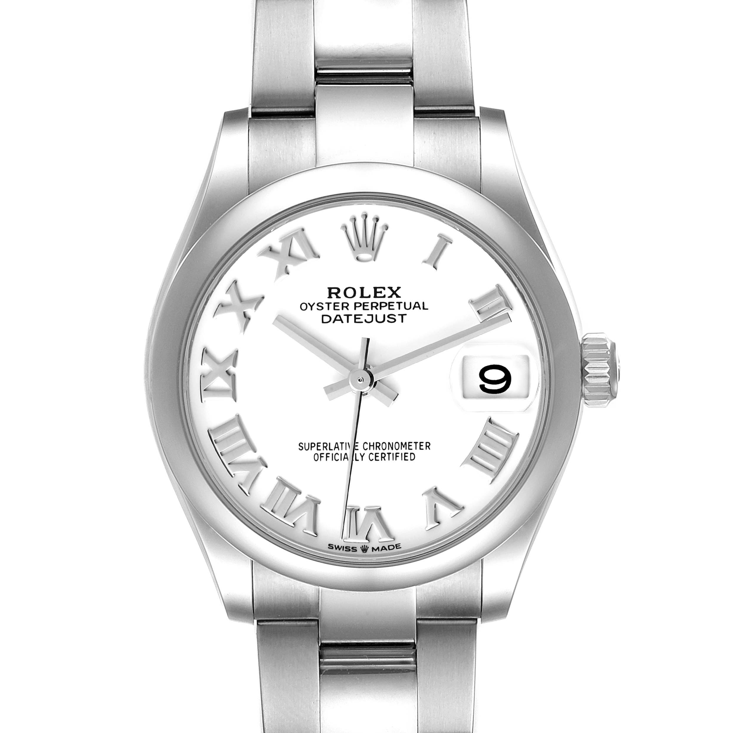 This image shows a front view of a Rolex Datejust Mid-Size watch with a white dial, Roman numerals, and silver bracelet.