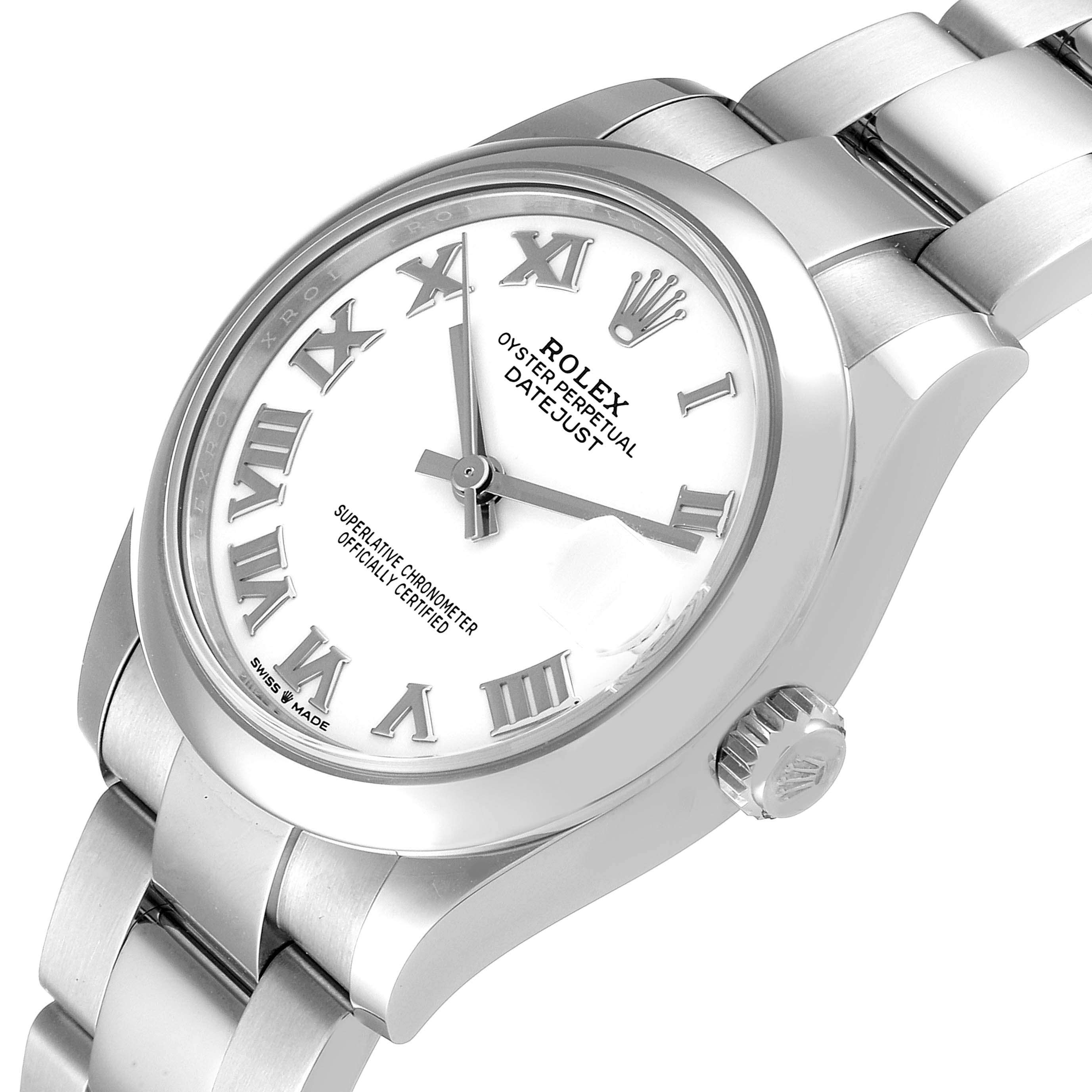This image shows a side angle of the Rolex Datejust Mid-Size watch, highlighting the dial, bezel, and bracelet.