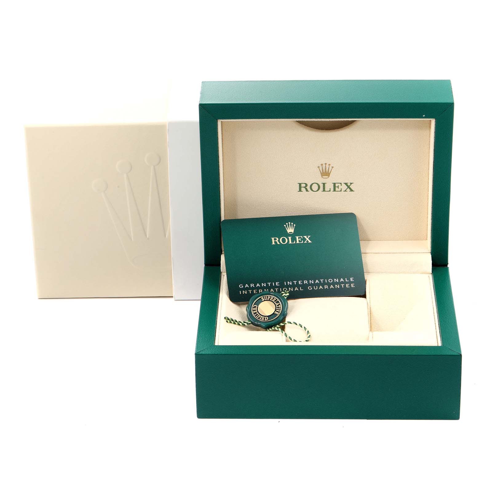 The image shows a Rolex Mid-Size 278240 Women's Stainless Steel White Dial 278240 Women's Stainless Steel White Dial watch box with a warranty card and a tag, photographed from the front.
