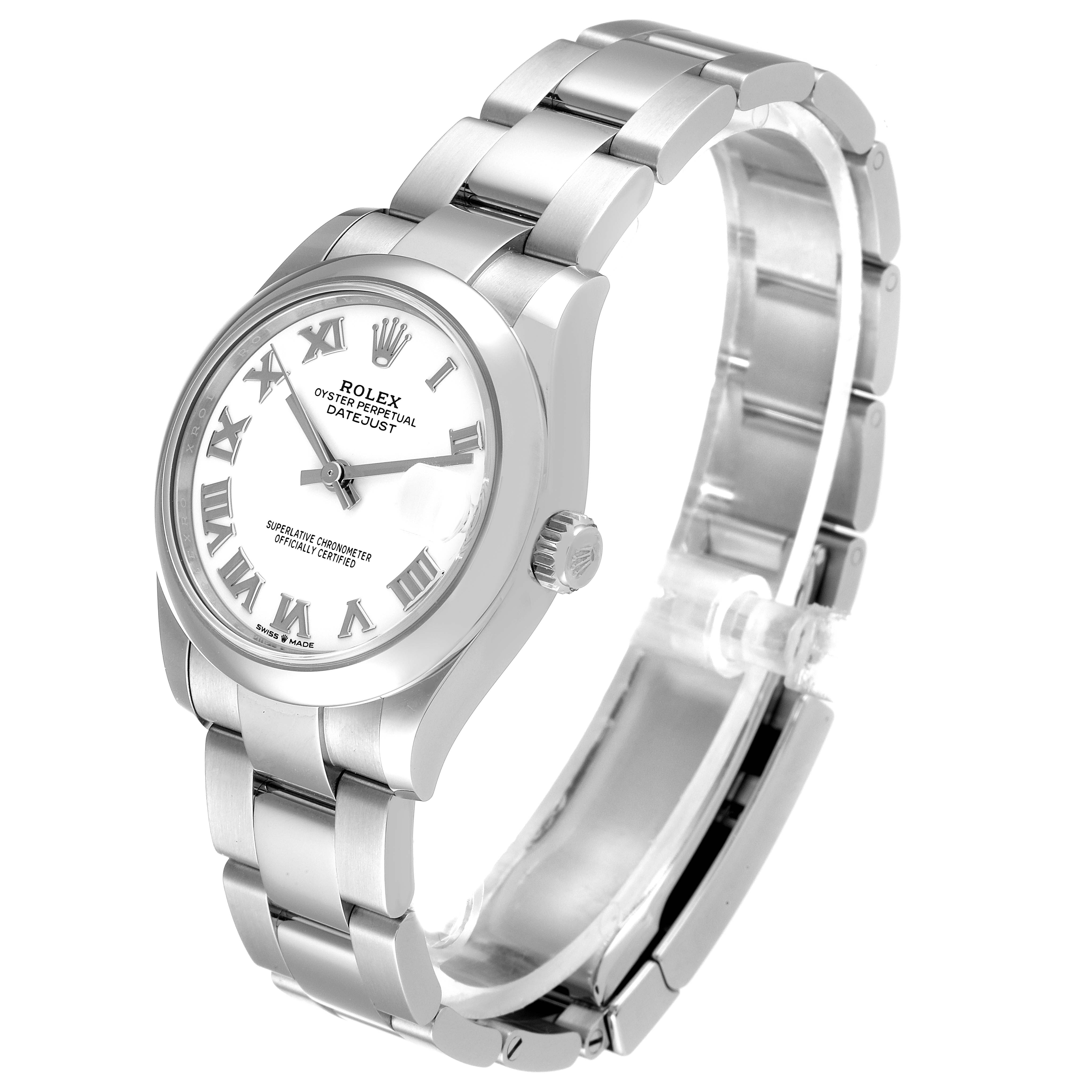 The Rolex Mid-Size 278240 Women's Stainless Steel White Dial 278240 Women's Stainless Steel White Dial Datejust is shown at a slight angle, displaying the face, bezel, bracelet, and partially open clasp.