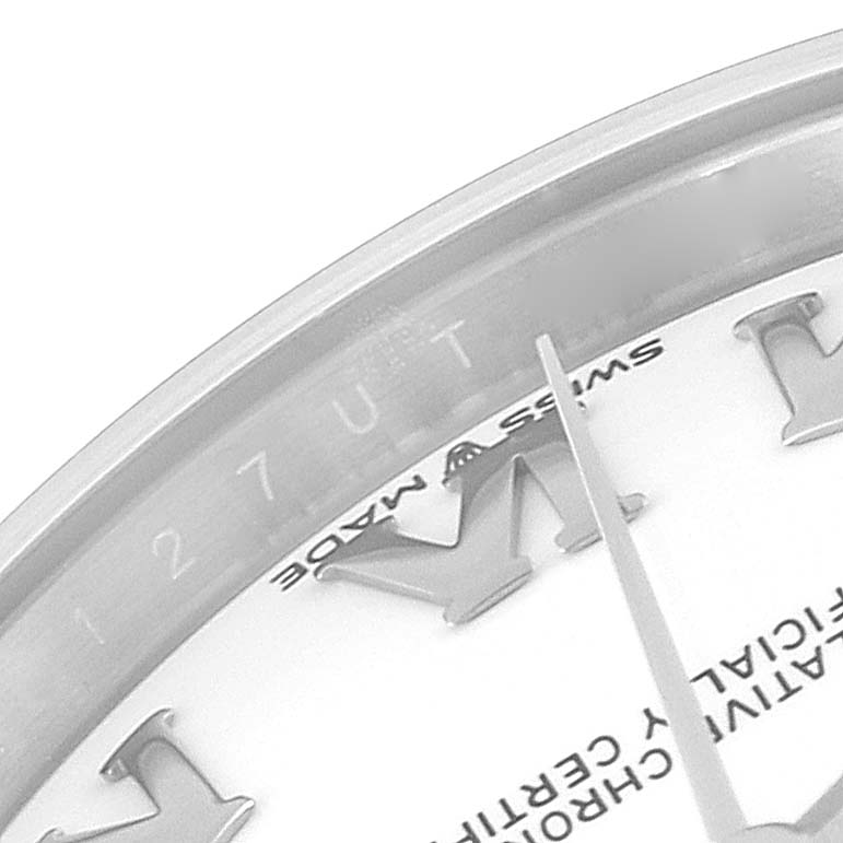 The image shows a close-up of the dial and bezel of a Rolex Mid-Size 278240 Women's Stainless Steel White Dial 278240 Women's Stainless Steel White Dial watch, highlighting the hour marker and inscriptions.