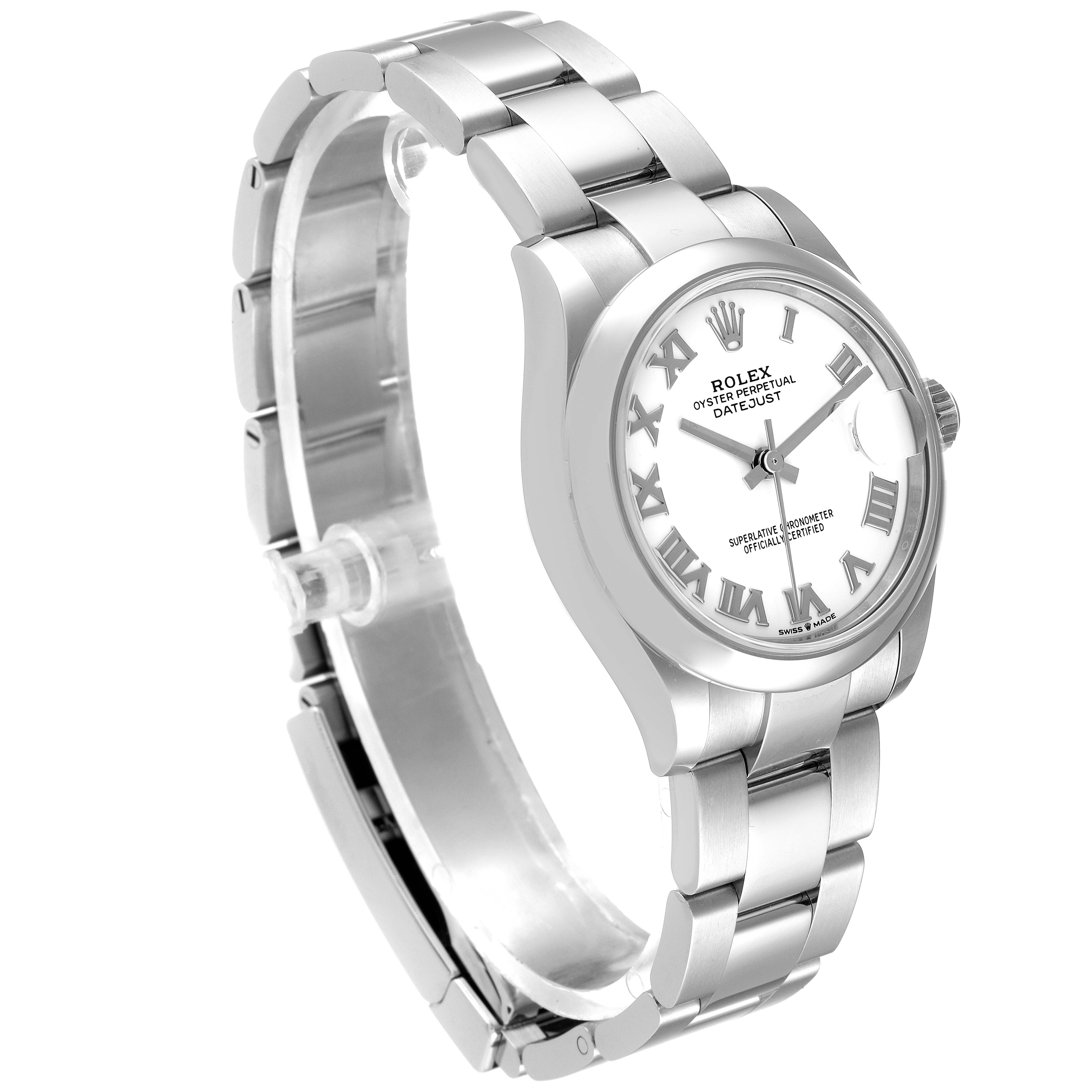 This image shows a side and front angle of a Rolex Mid-Size 278240 Women's Stainless Steel White Dial 278240 Women's Stainless Steel White Dial Datejust model, highlighting the bracelet, case, and dial with Roman numerals.