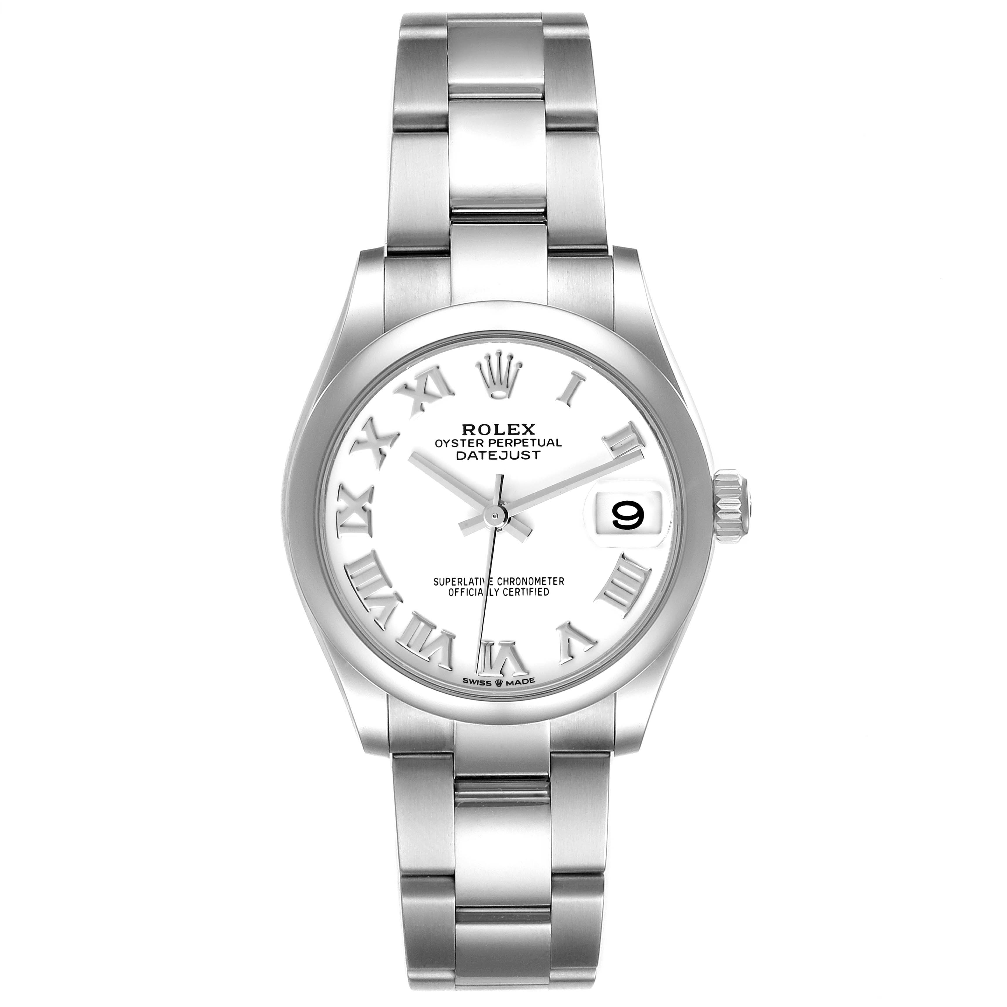 The image shows a front view of a Rolex Mid-Size 278240 Women's Stainless Steel White Dial 278240 Women's Stainless Steel White Dial Oyster Perpetual Datejust watch, displaying the dial, bracelet, and clasp.