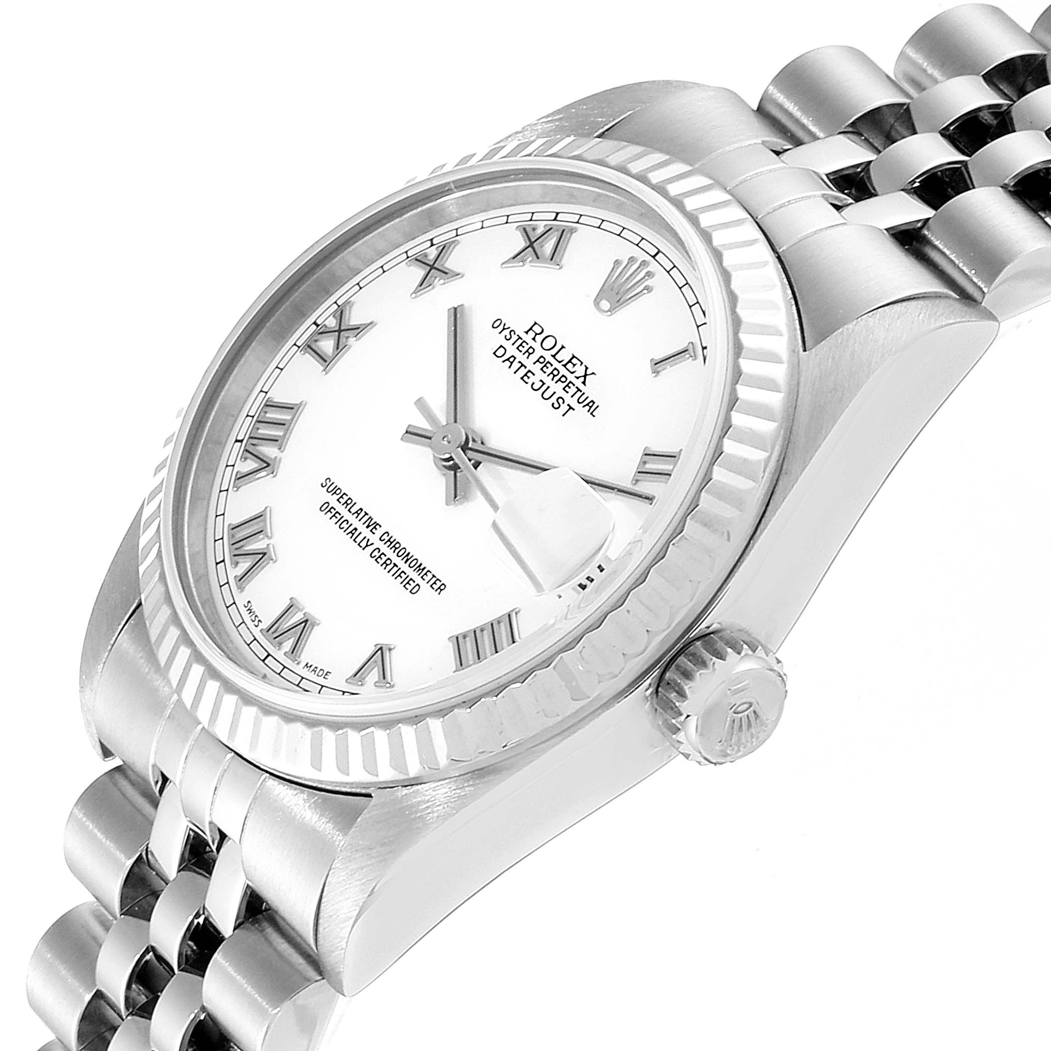 This image shows a Rolex Mid-Size 78274 Women
s Stainless Steel White Dial 78274 Women
s Stainless Steel White Dial Oyster Perpetual Datejust watch at a slight oblique angle, highlighting the dial, bezel, and bracelet.