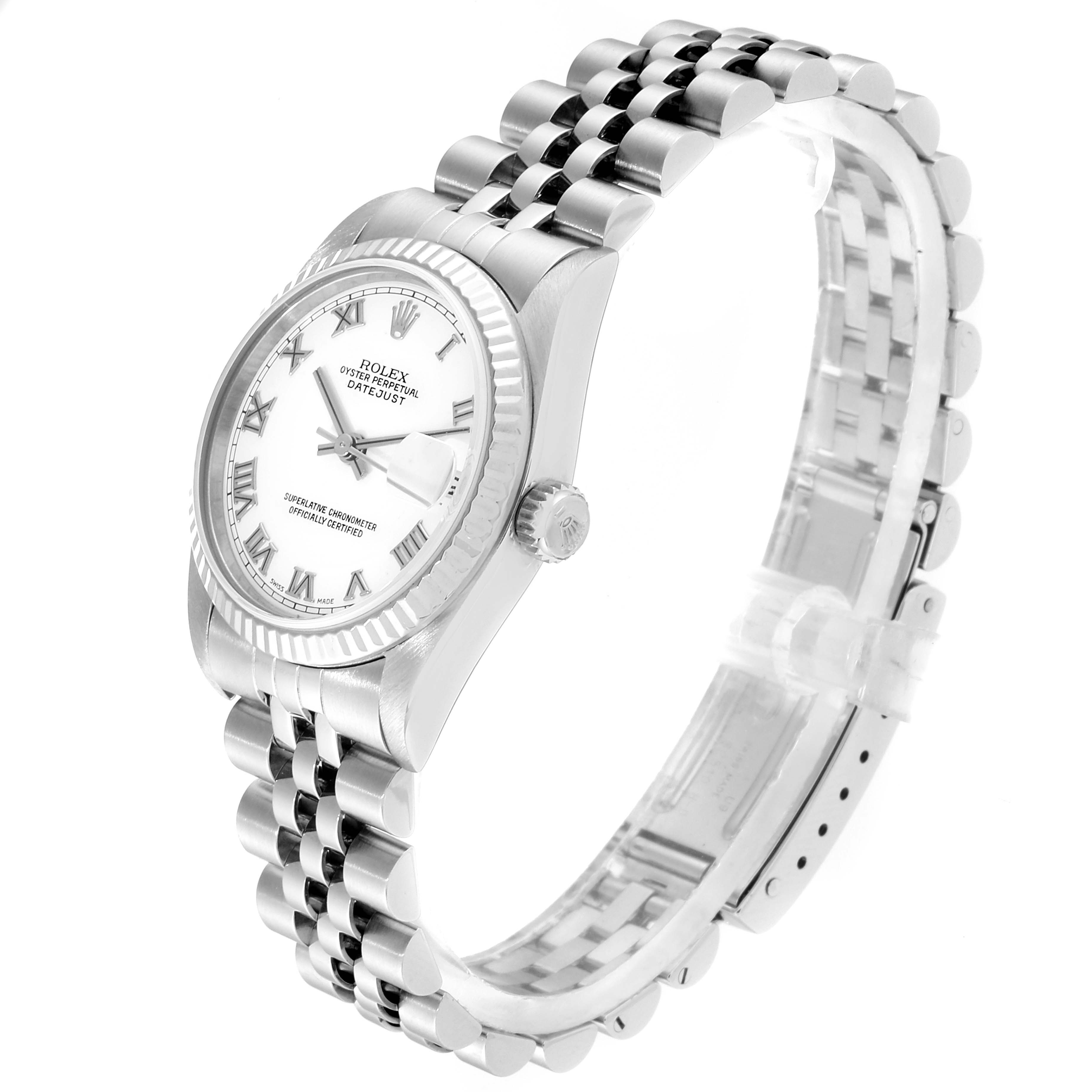 The Rolex Mid-Size 78274 Women
s Stainless Steel White Dial 78274 Women
s Stainless Steel White Dial model watch is shown at a three-quarter angle, displaying its face, fluted bezel, crown, and jubilee bracelet.