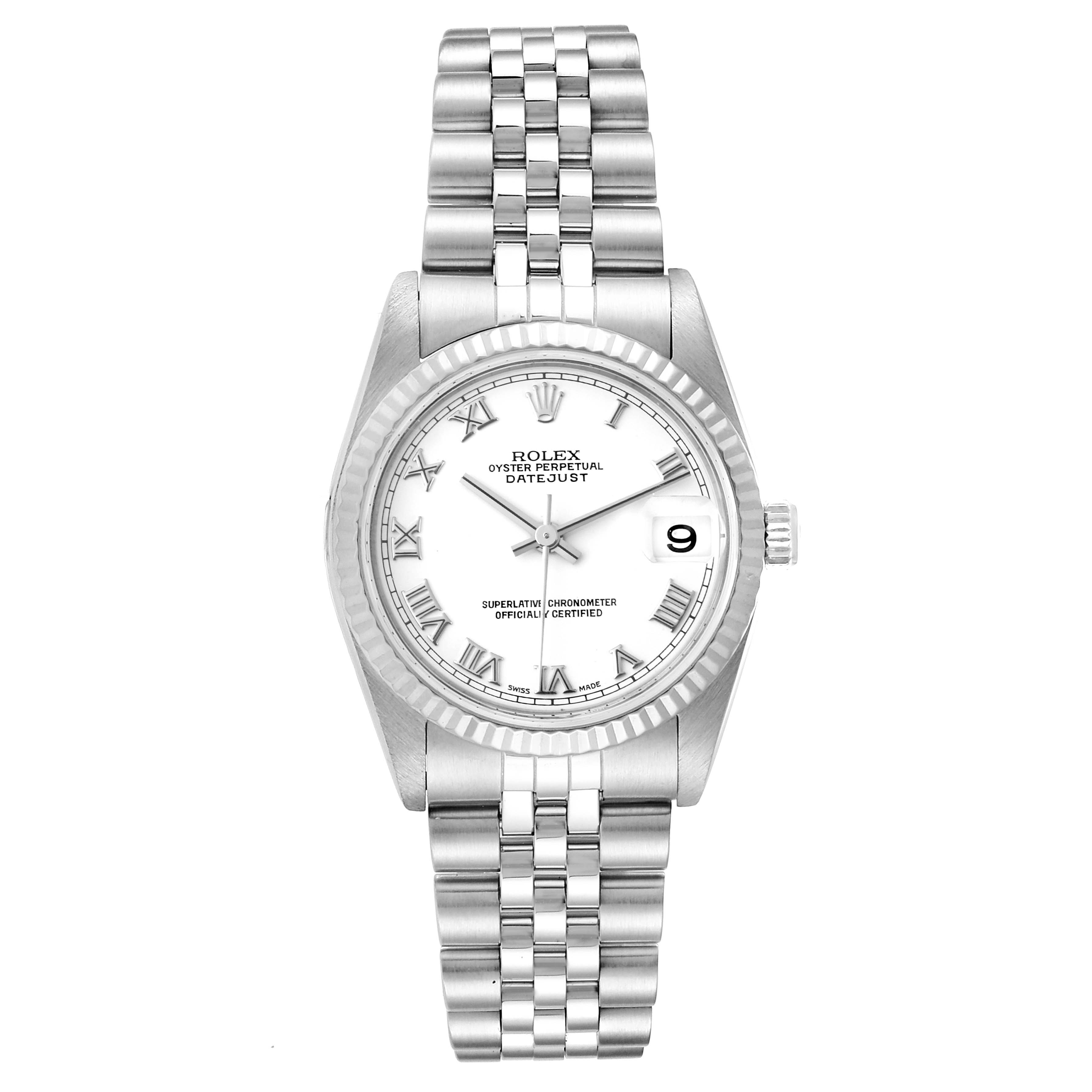 This image shows a front-facing view of a Rolex Mid-Size 78274 Women
s Stainless Steel White Dial 78274 Women
s Stainless Steel White Dial Oyster Perpetual Datejust watch.