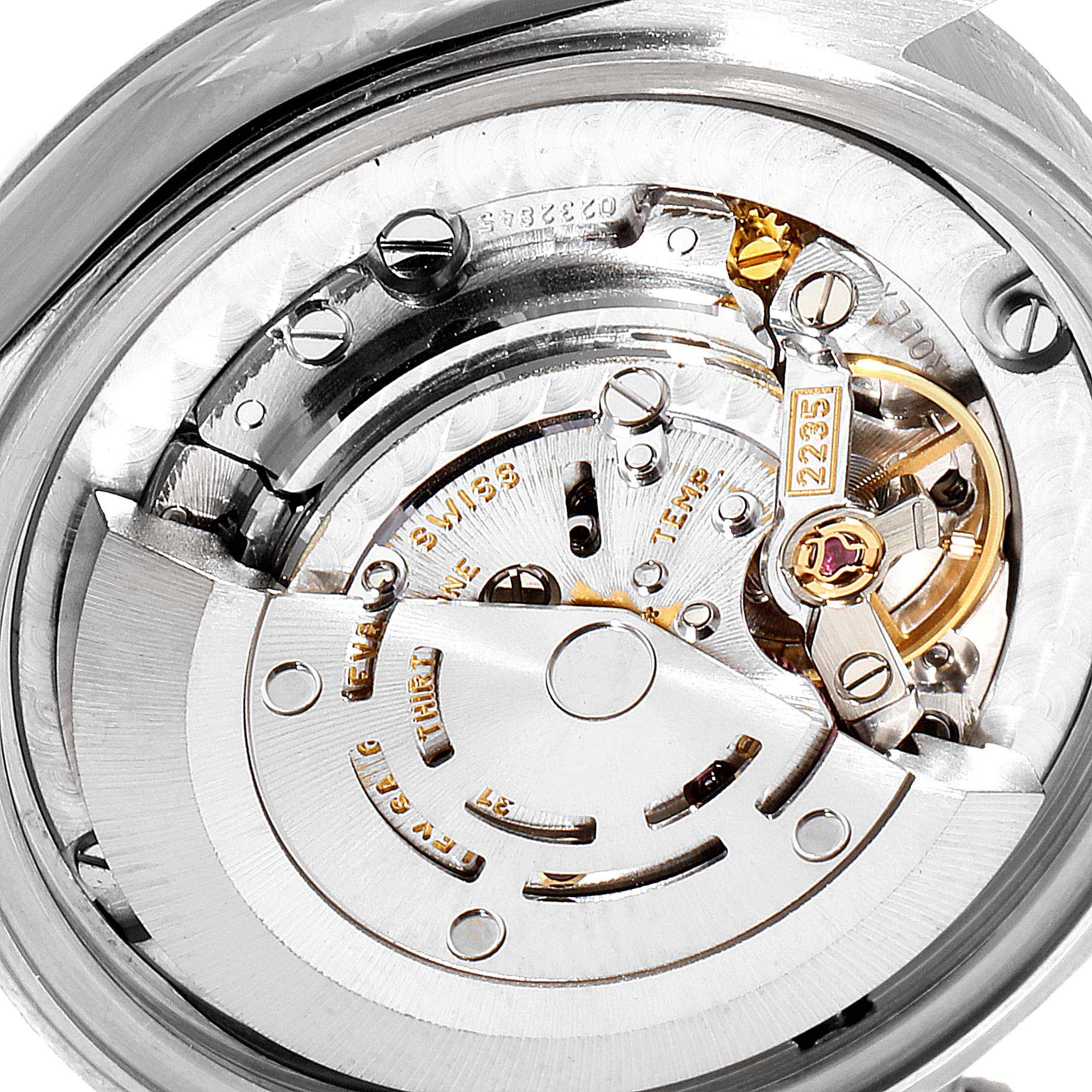 This image shows the internal mechanism of a Rolex Mid-Size 78274 Women
s Stainless Steel White Dial 78274 Women
s Stainless Steel White Dial model watch from a close-up, angled top view.
