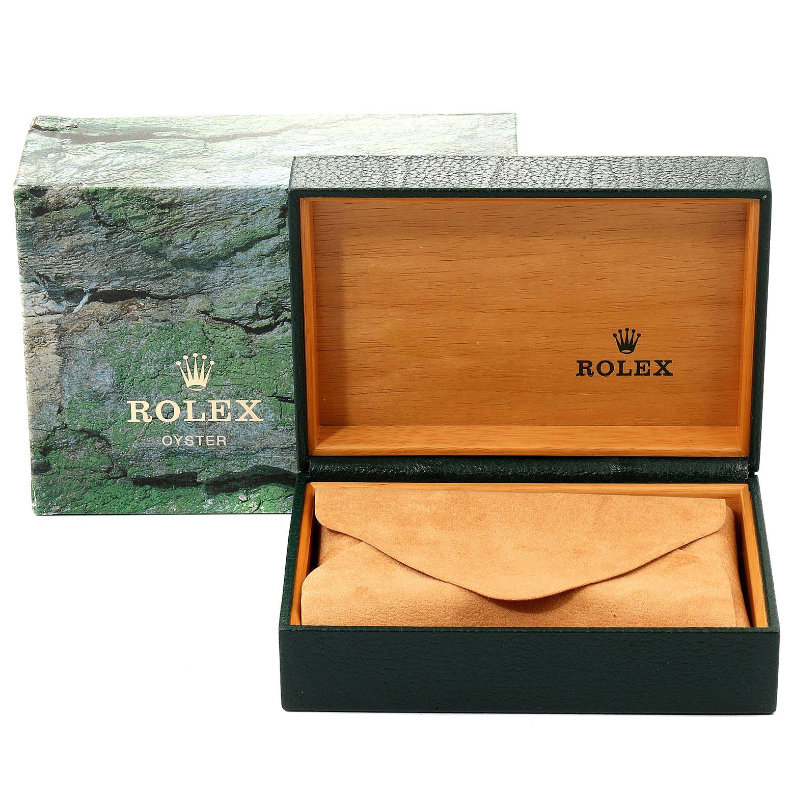 The image shows a Rolex Oyster Mid-Size model watch box and an inner suede pouch, with the box lid open.